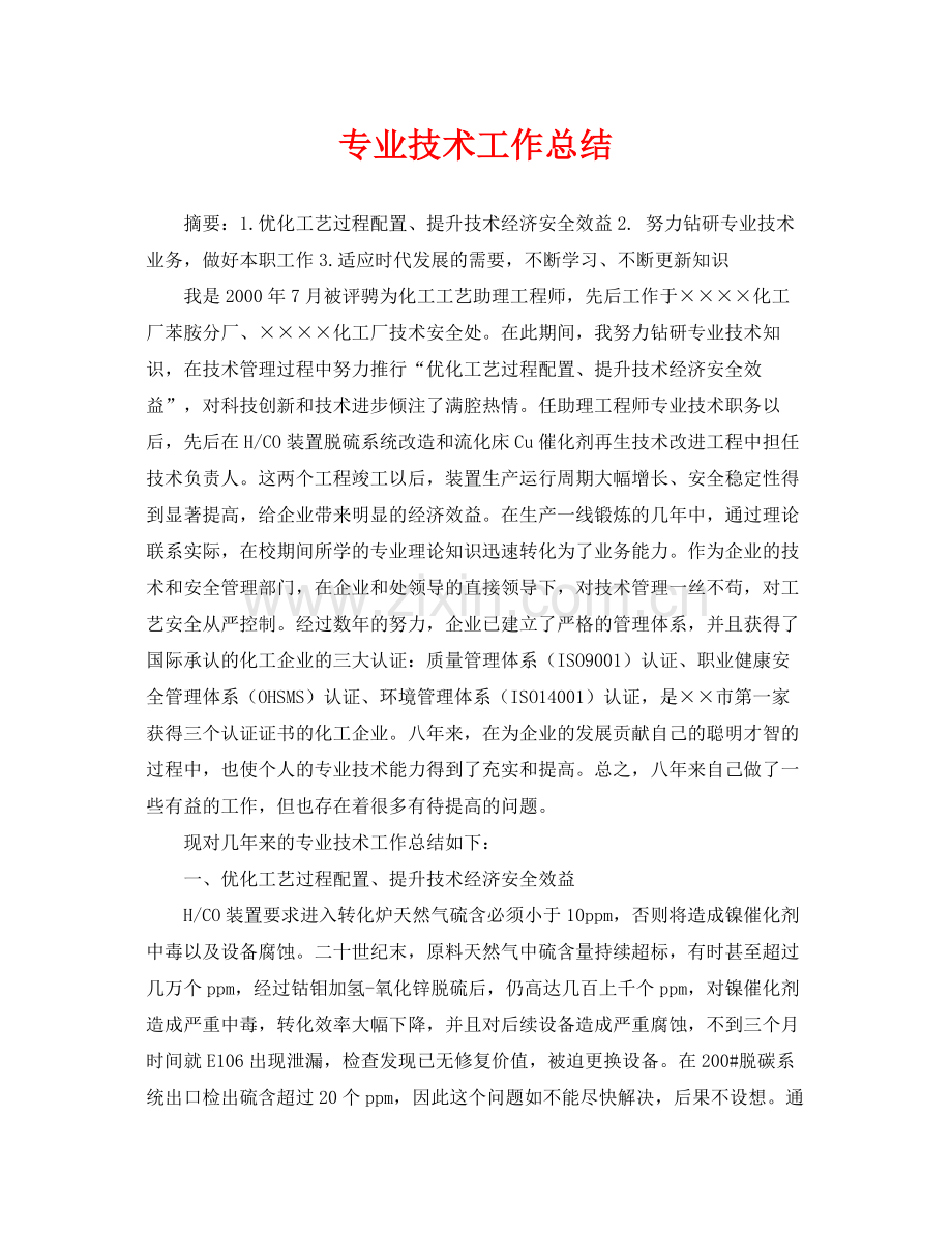《安全管理文档》之专业技术工作总结.docx_第1页