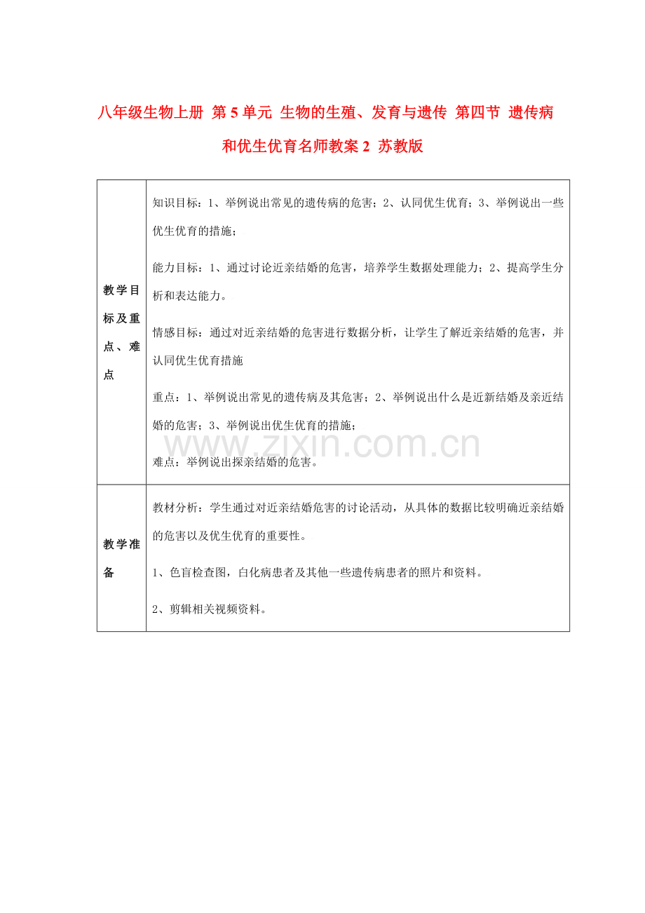 八年级生物上册 第5单元 生物的生殖、发育与遗传 第四节 遗传病和优生优育名师教案2 苏教版.doc_第1页
