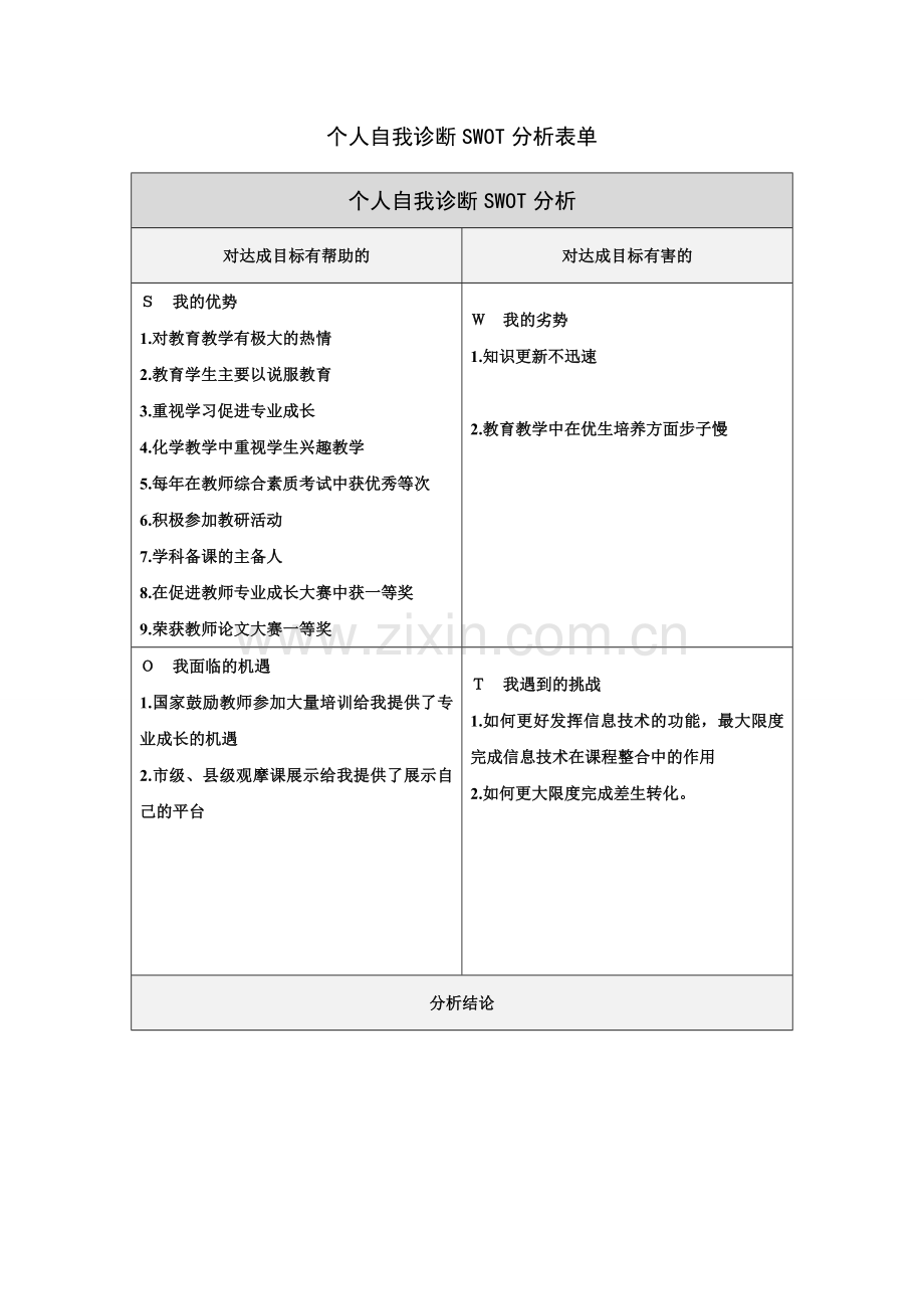 席进个人自我诊断SWOT分析表(1).doc_第1页