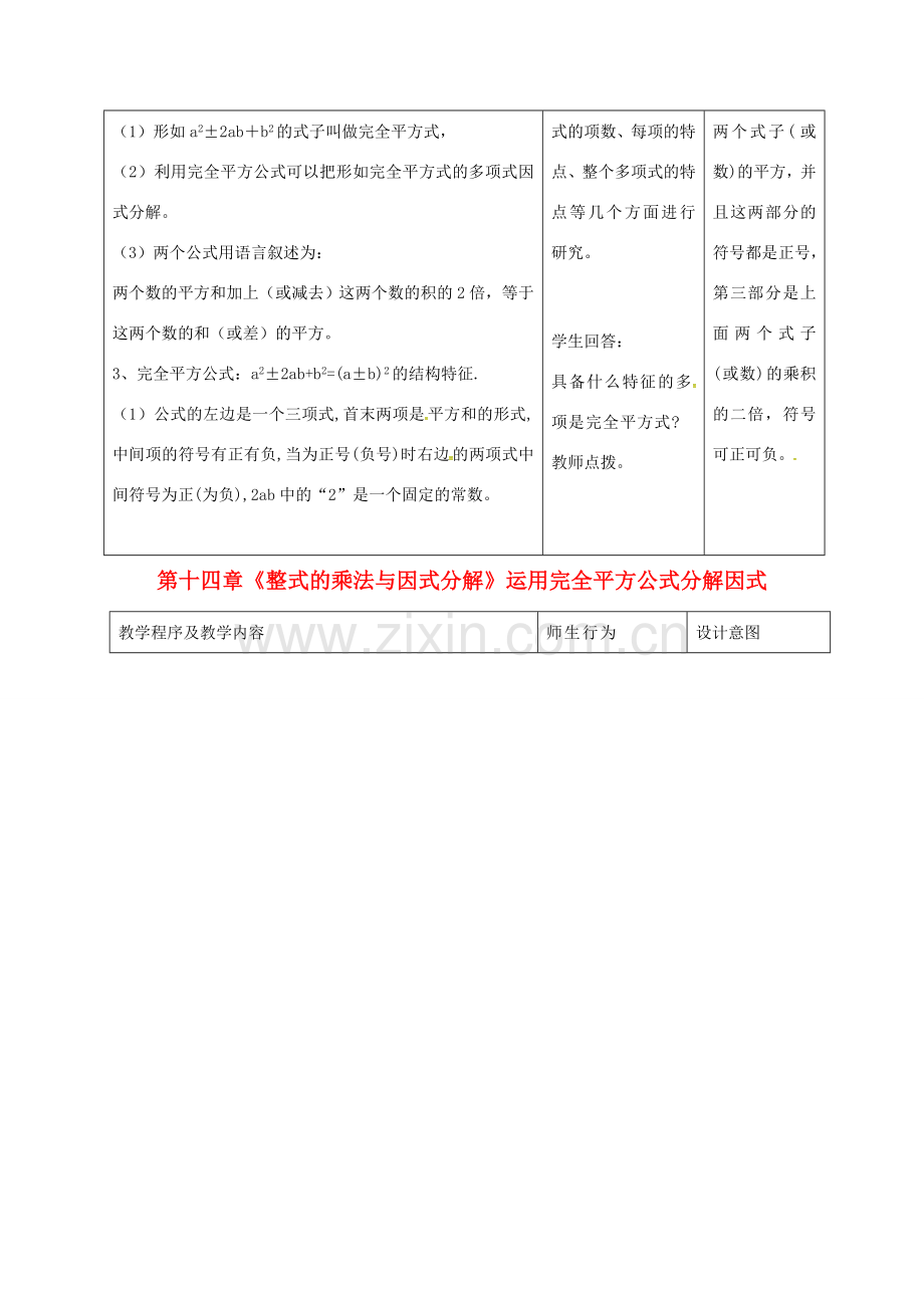 八年级数学上册 第十四章《整式的乘法与因式分解》运用完全平方公式分解因式教案 （新版）新人教版-（新版）新人教版初中八年级上册数学教案.doc_第2页
