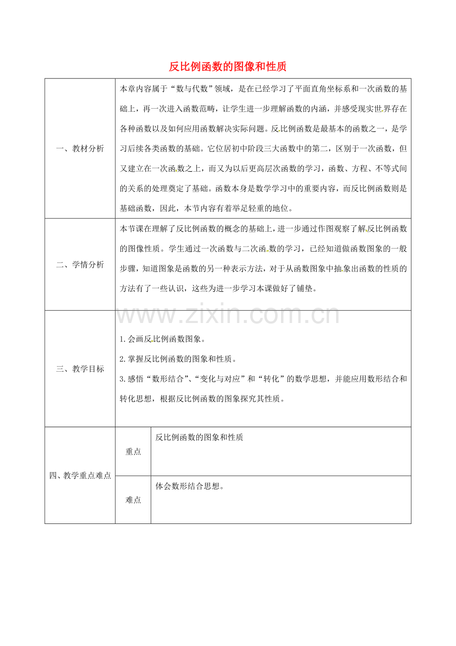 陕西省安康市石泉县池河镇九年级数学下册 26.1.2 反比例函数的图象和性质教案2 （新版）新人教版-（新版）新人教版初中九年级下册数学教案.doc_第1页