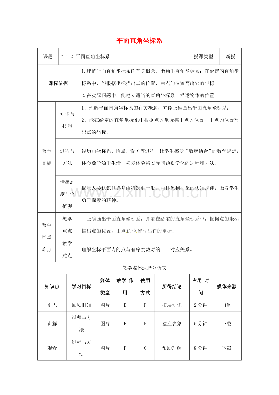 陕西省安康市石泉县池河镇七年级数学下册 7.1.2 平面直角坐标系教案 （新版）新人教版-（新版）新人教版初中七年级下册数学教案.doc_第1页