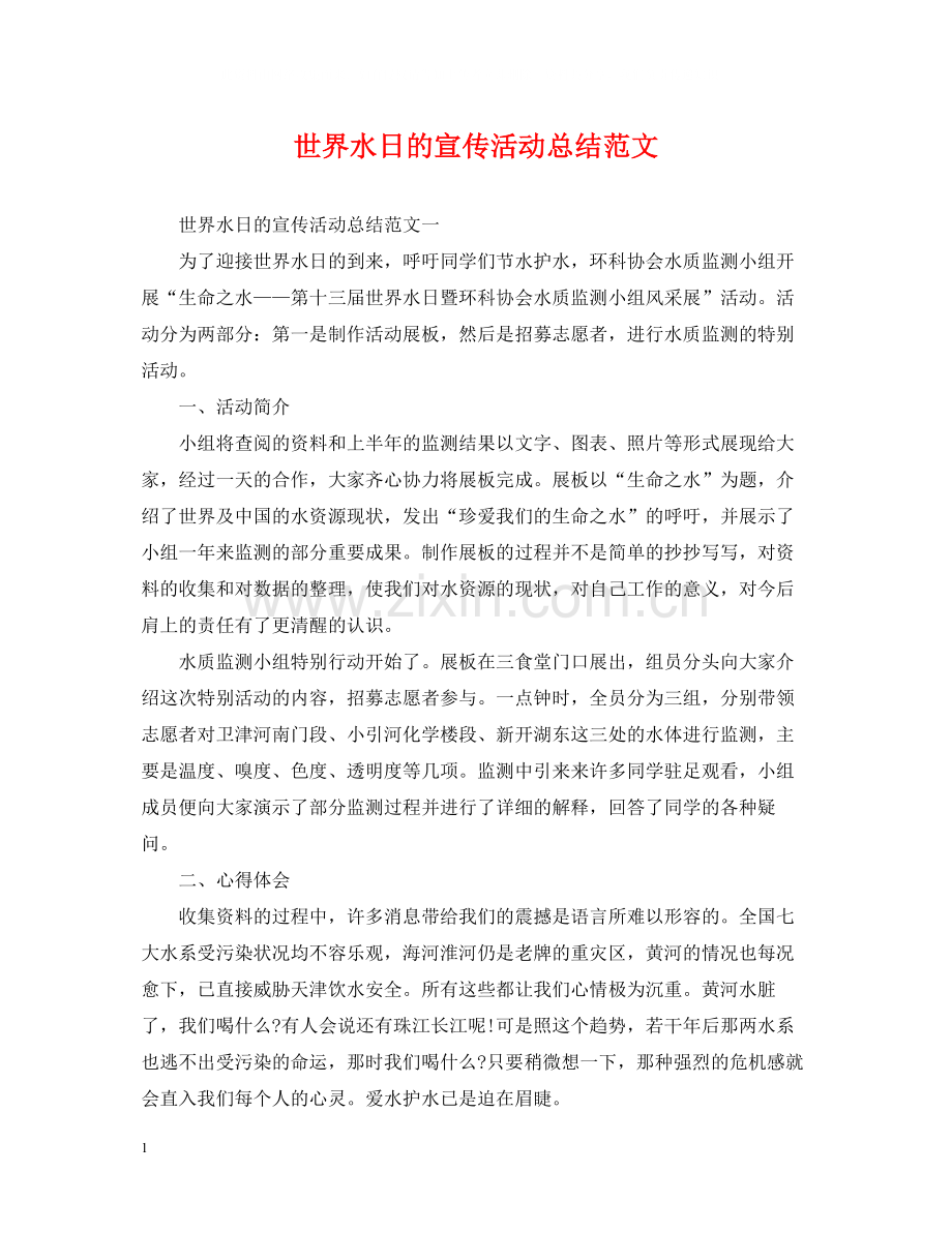 世界水日的宣传活动总结范文.docx_第1页