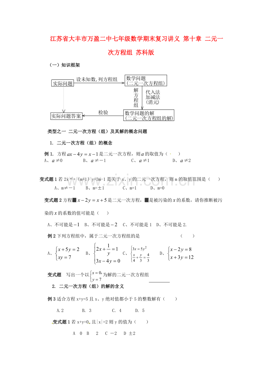 江苏省大丰市万盈二中七年级数学期末复习讲义 第十章 二元一次方程组 苏科版.doc_第1页