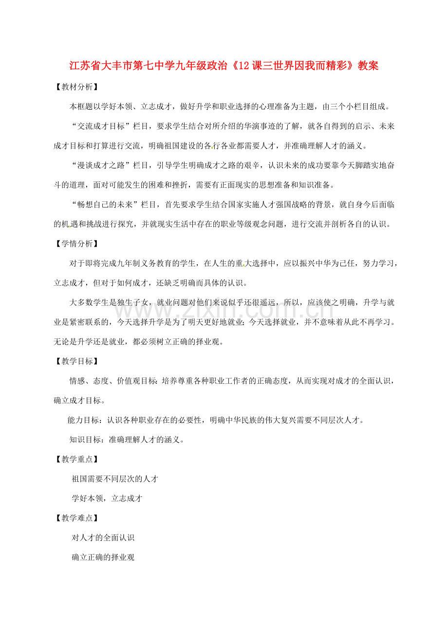 江苏省大丰市第七中学九年级政治《12课三世界因我而精彩》教案.doc_第1页