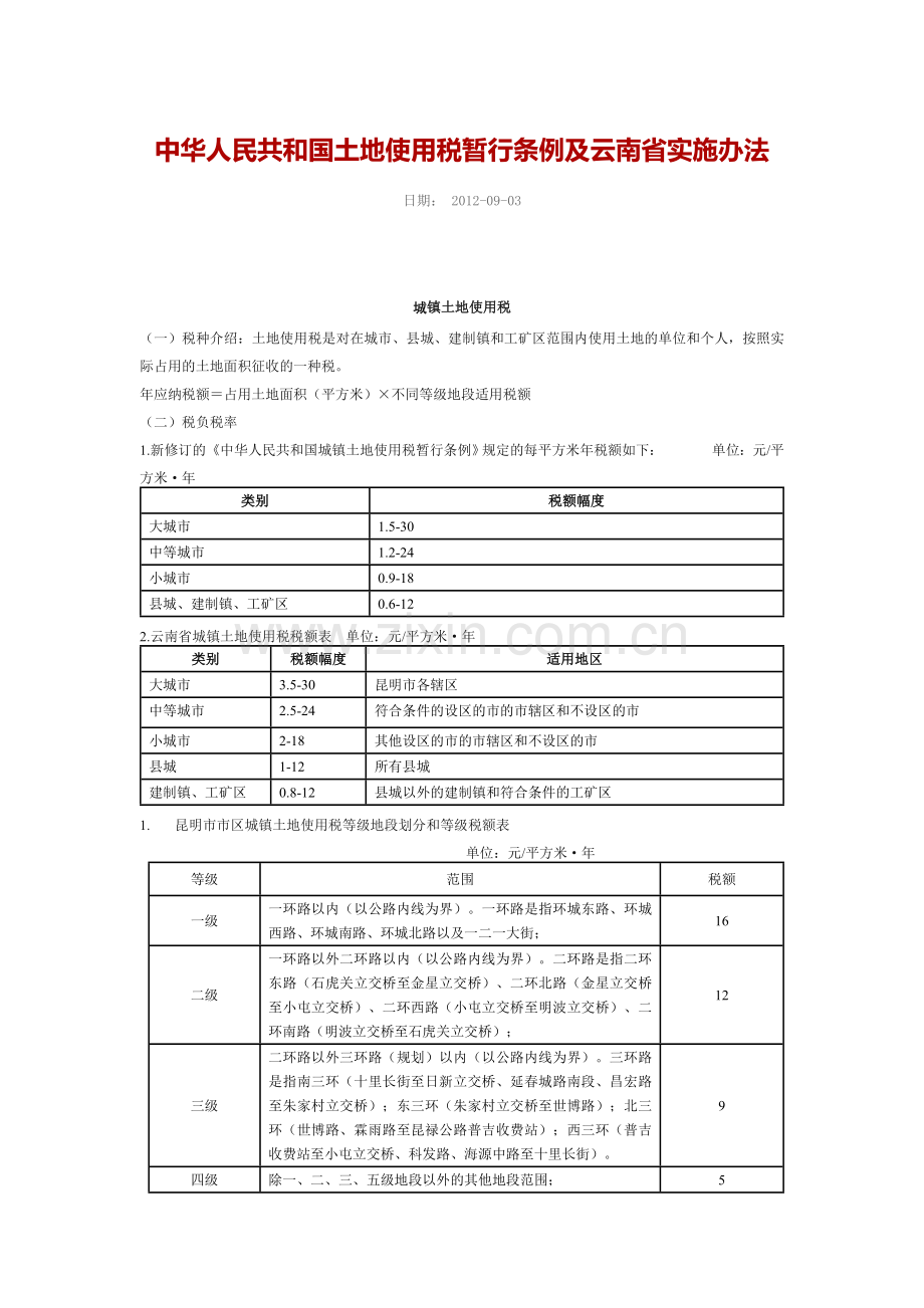 中华人民共和国土地使用税暂行条例及云南省实施办法.doc_第1页