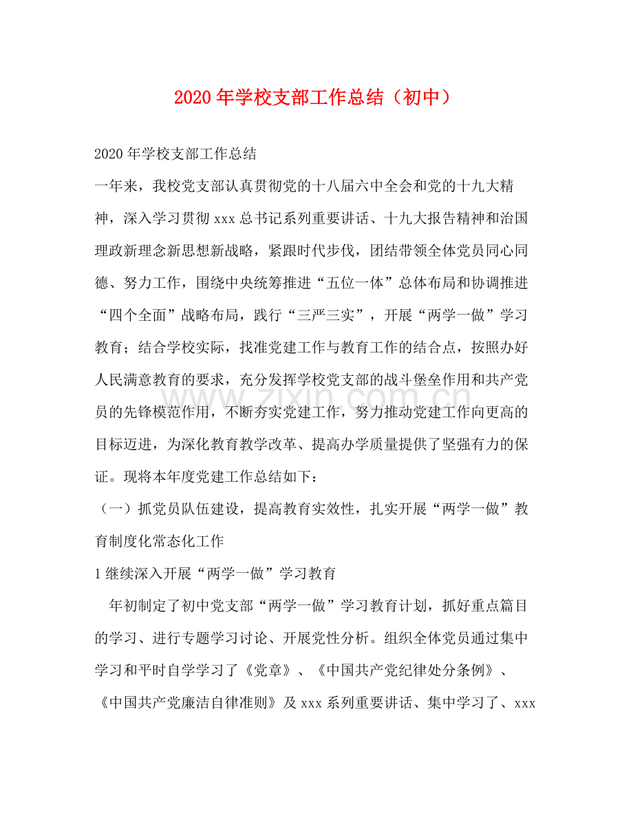 2020年学校支部工作总结（初中）.docx_第1页