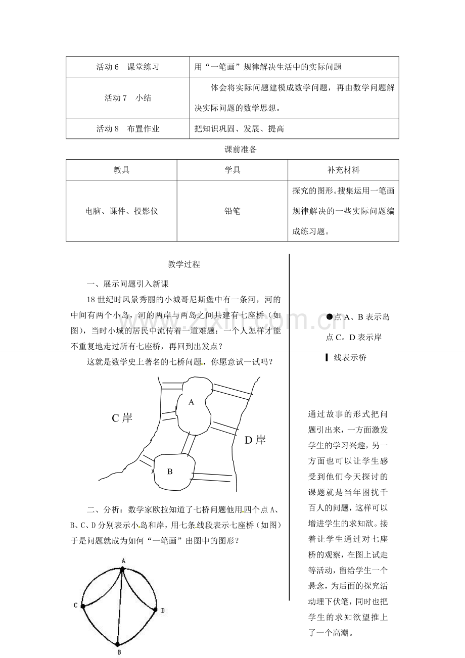 浙江省温岭市城南中学全国初中青年数学教师优秀课评比七年级数学《七桥问题与一笔画》教案.doc_第2页