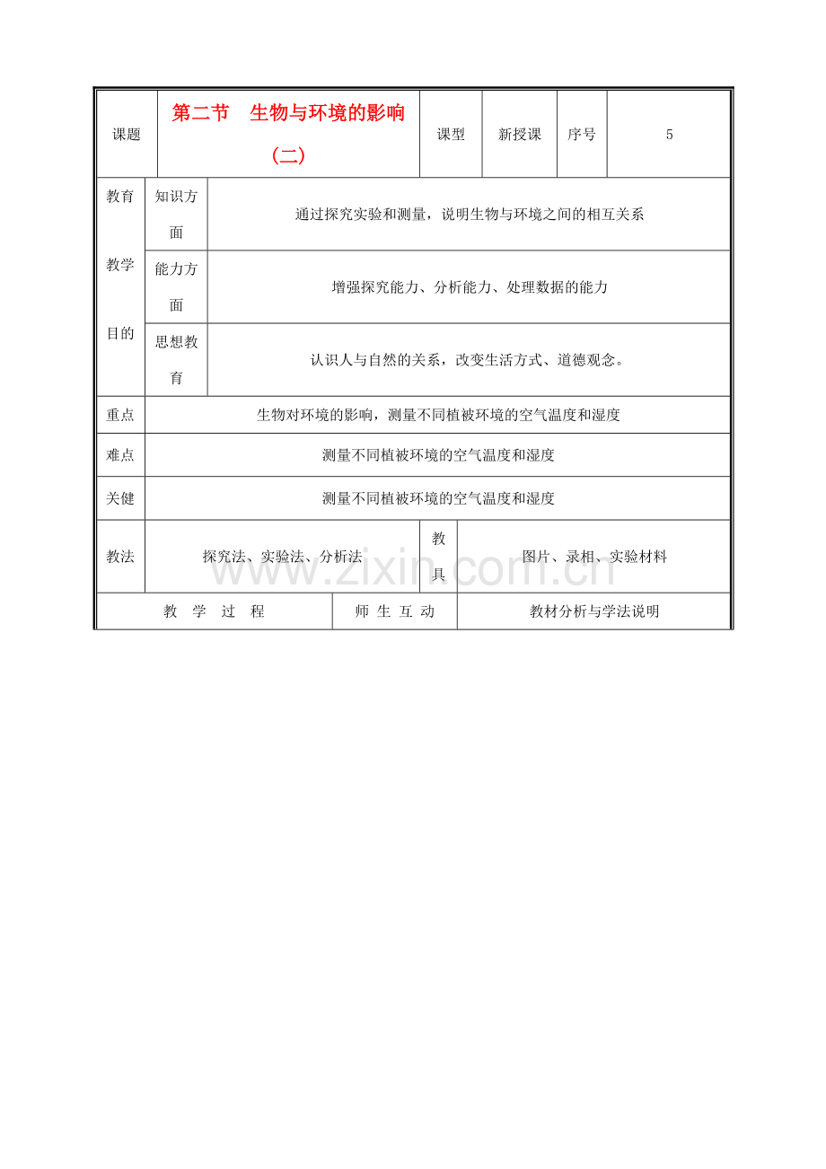 七年级生物上册 1.1.2生物与环境的相互影响教案(二) 北师大版.doc_第1页