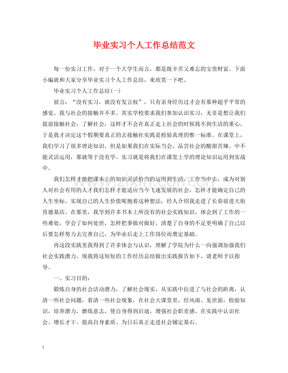 毕业实习个人工作总结范文.docx_第1页