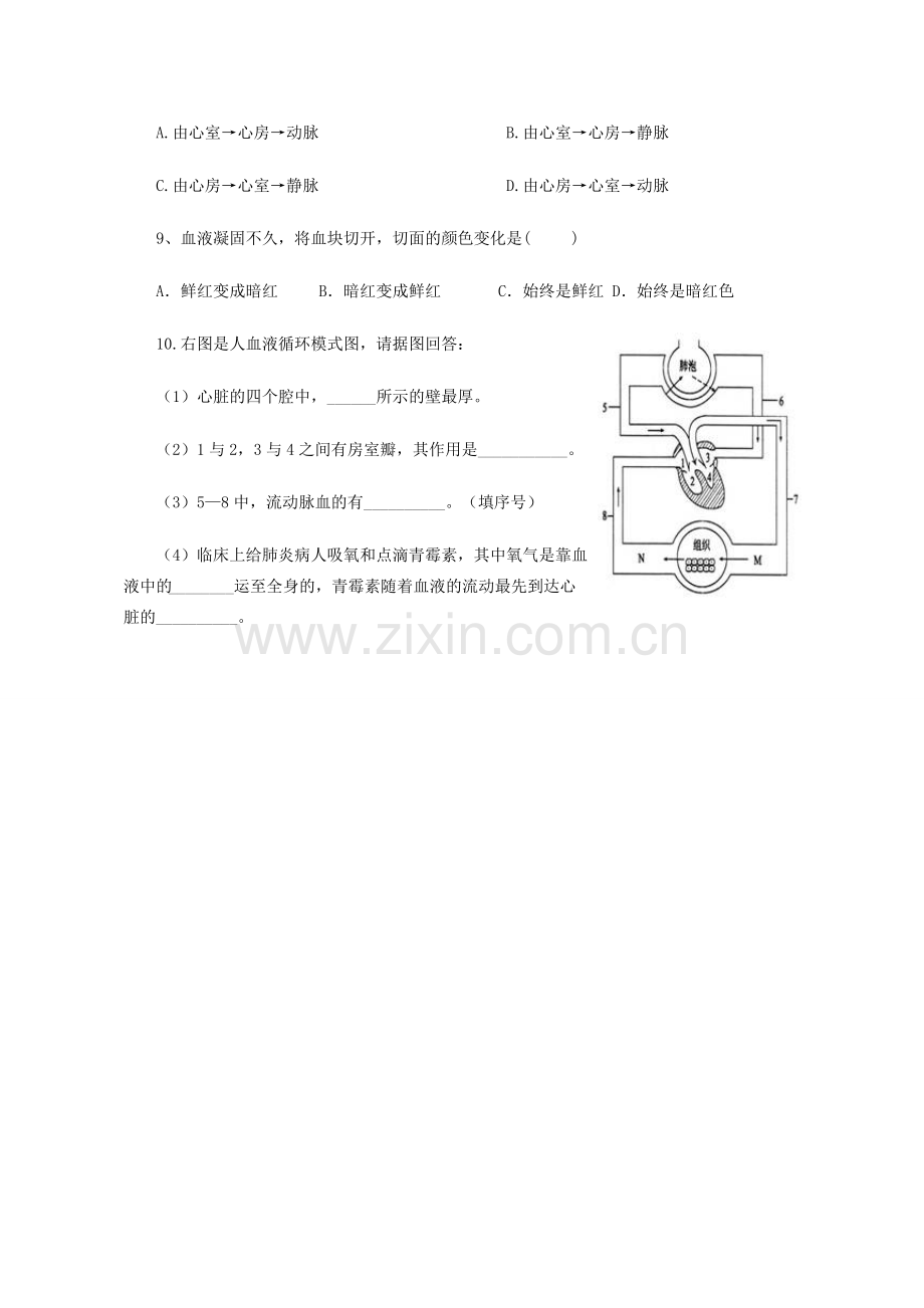 山东省胶南市博文中学七年级生物下册 4.4.3 输送血液的泵—心脏评测练习（无答案）（新版）新人教版.doc_第2页