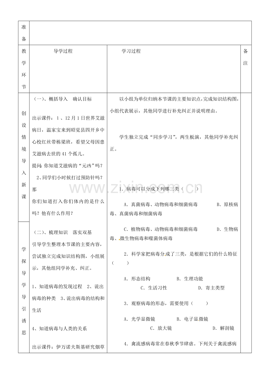 山东省临沂市蒙阴县第四中学八年级生物上册 第五单元 第五章 病毒复习教案 （新版）新人教版.doc_第2页