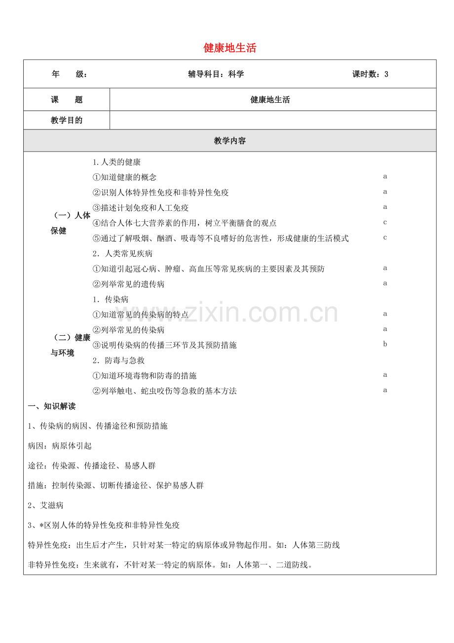 浙江省中考科学（生物部分）复习讲义 专题7 健康地生活-人教版初中九年级全册生物教案.doc_第1页