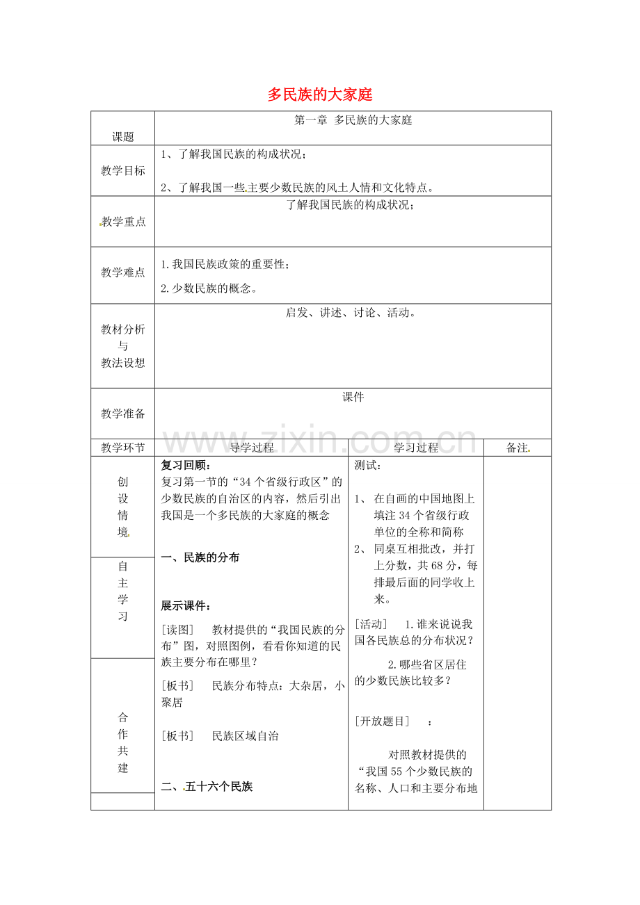 山东省临沂市蒙阴县第四中学八年级地理会考复习 多民族的大家庭教案 新人教版.doc_第1页