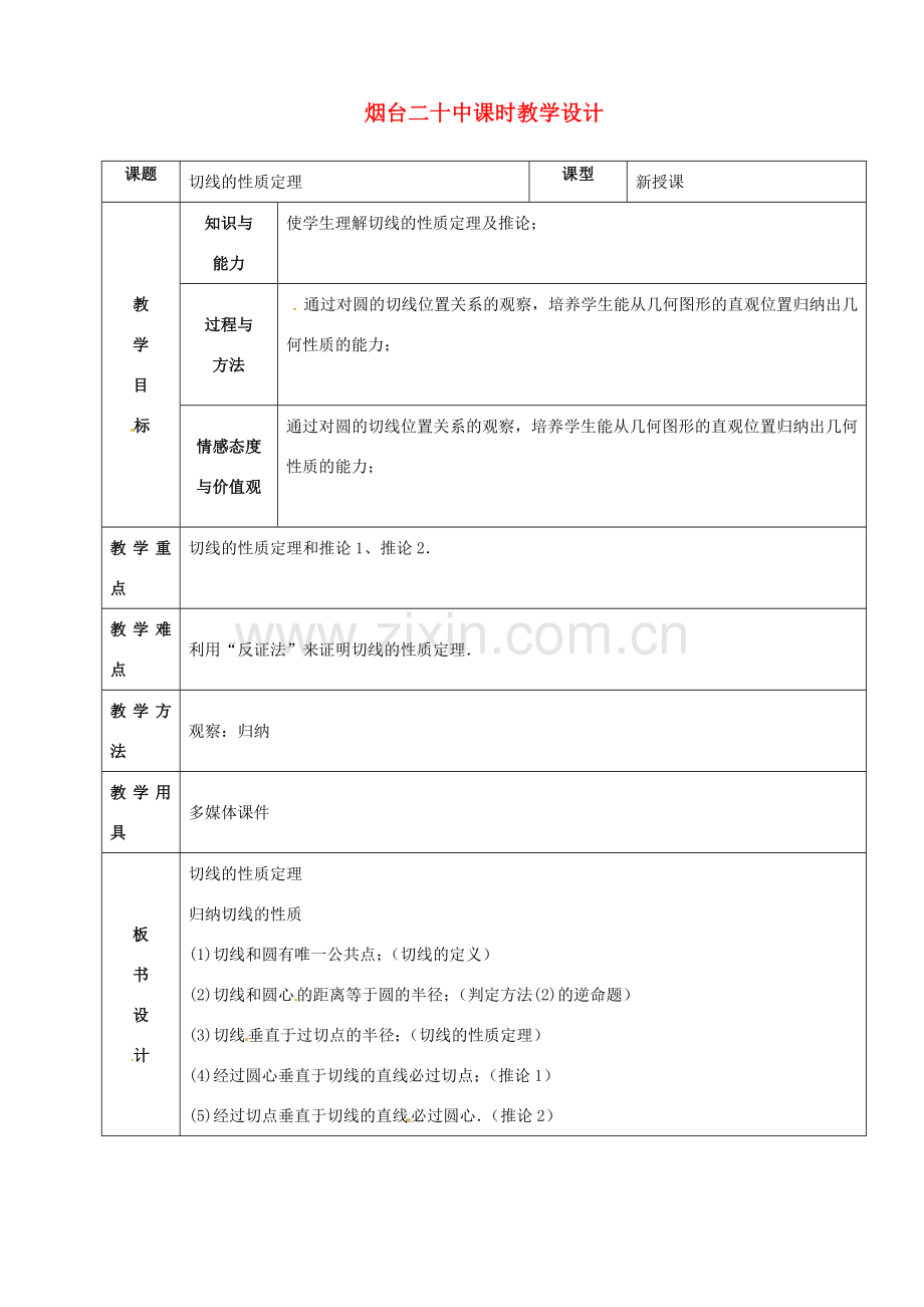 山东省烟台20中九年级数学《切线的性质定理》教学设计.doc_第1页