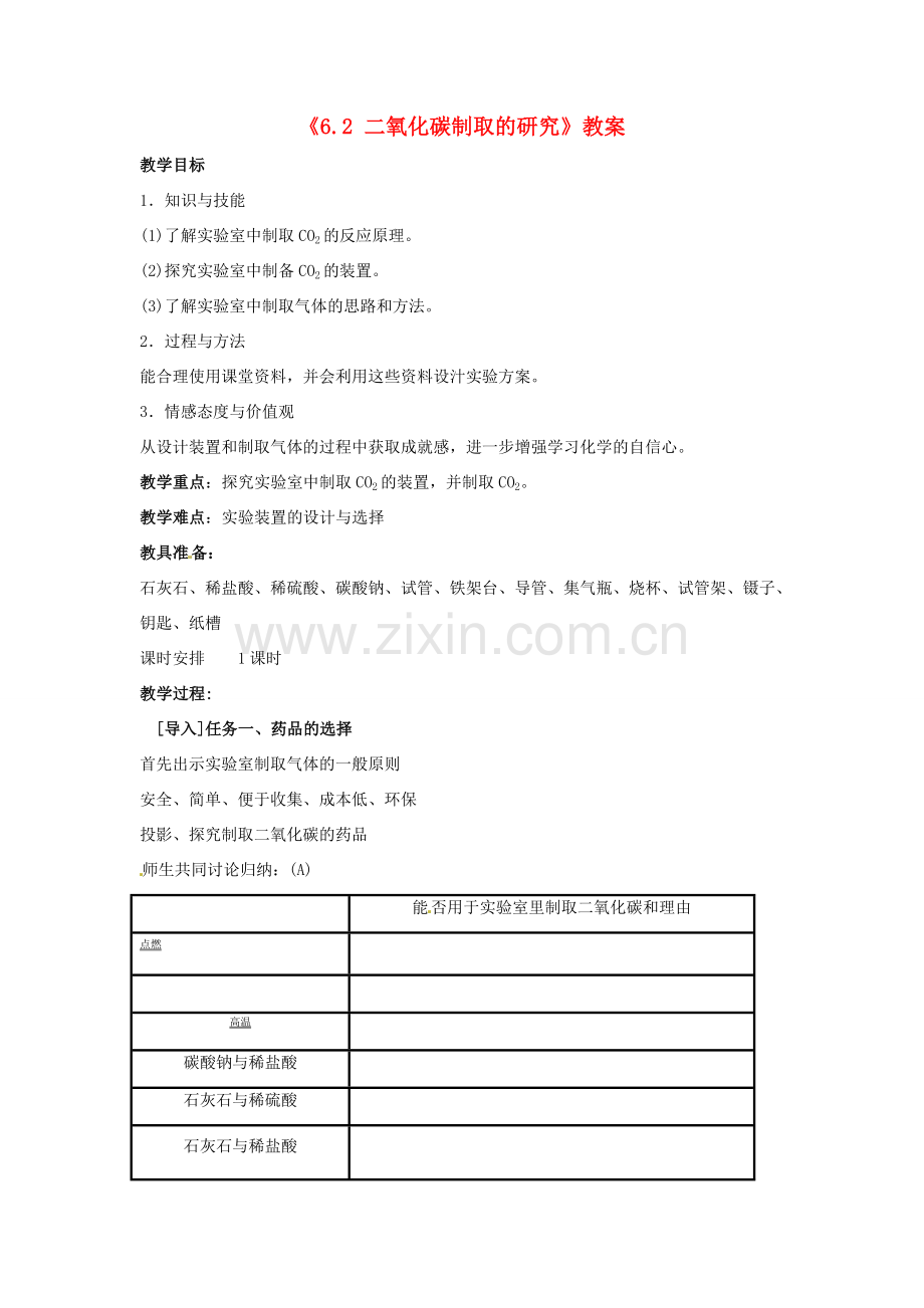 江苏省东台市唐洋镇中学七年级生物上册《6.2 二氧化碳制取的研究》教案 苏教版.doc_第1页