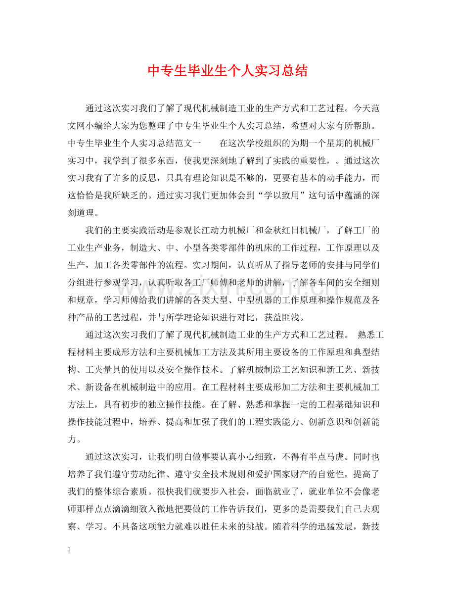 中专生毕业生个人实习总结.docx_第1页