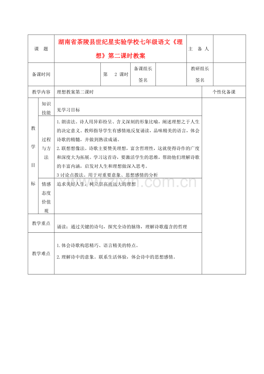 湖南省茶陵县世纪星实验学校七年级语文《理想》第二课时教案.doc_第1页