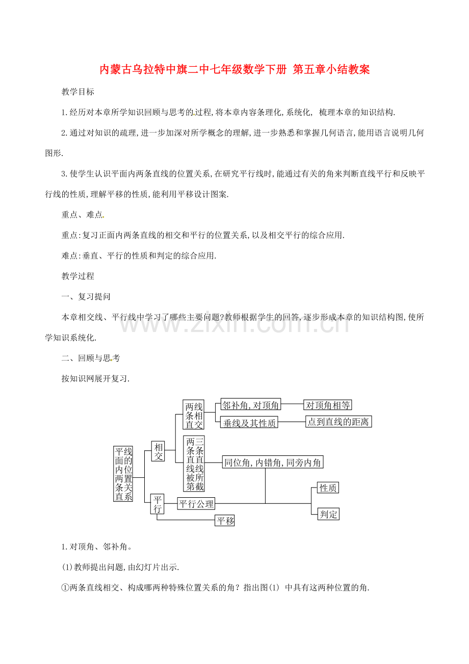 内蒙古乌拉特中旗二中七年级数学下册 第五章小结教案.doc_第1页