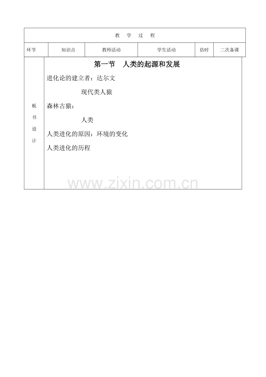 山东省临沭县第三初级中学七年级生物下册《1.1人类的起源和发展》教案 新人教版.doc_第2页