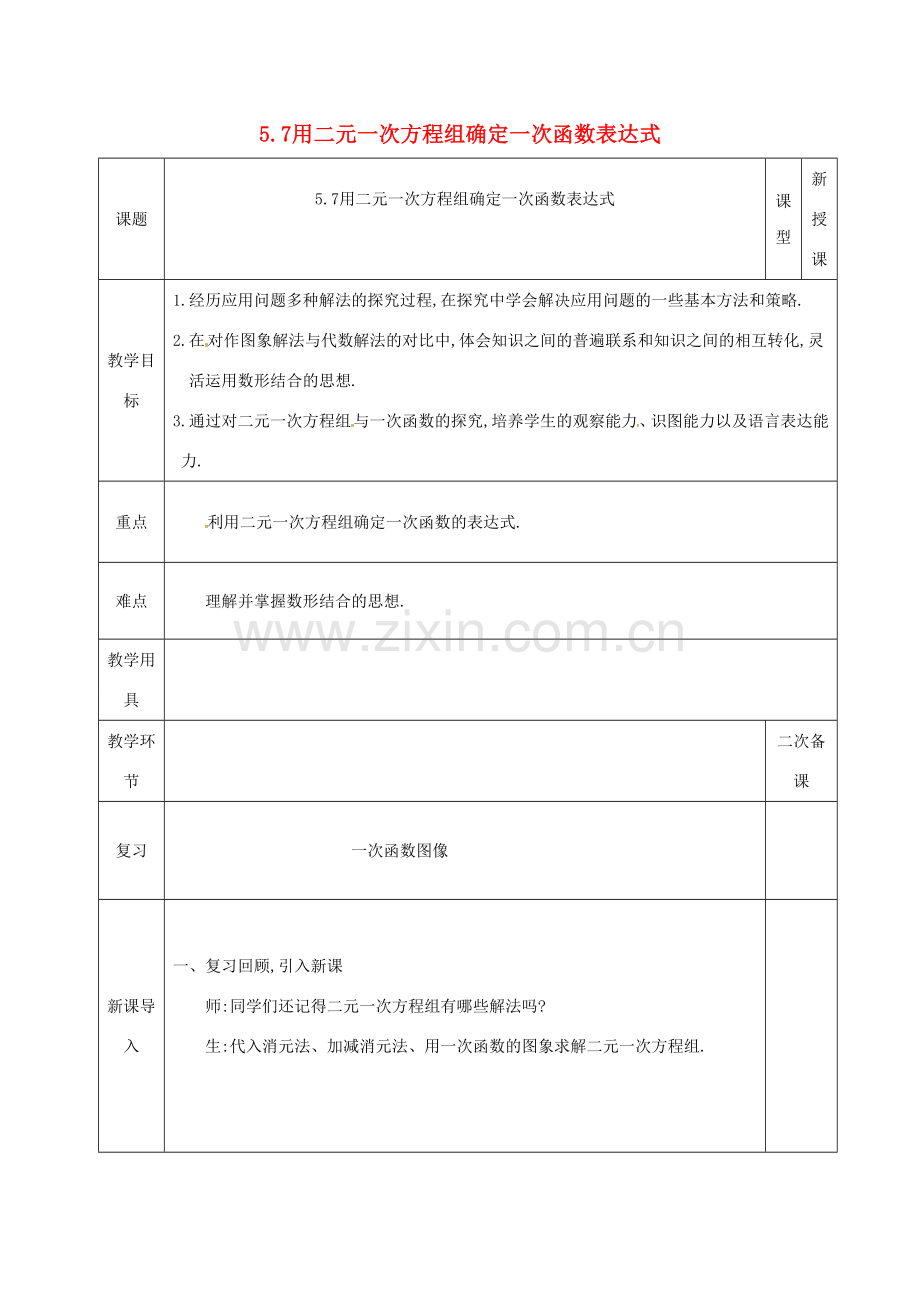 河北省邯郸市肥乡县八年级数学上册 第五章 二元一次方程组 第七节 用二元一次方程组确定一次函数表达式教案 （新版）北师大版-（新版）北师大版初中八年级上册数学教案.doc_第1页