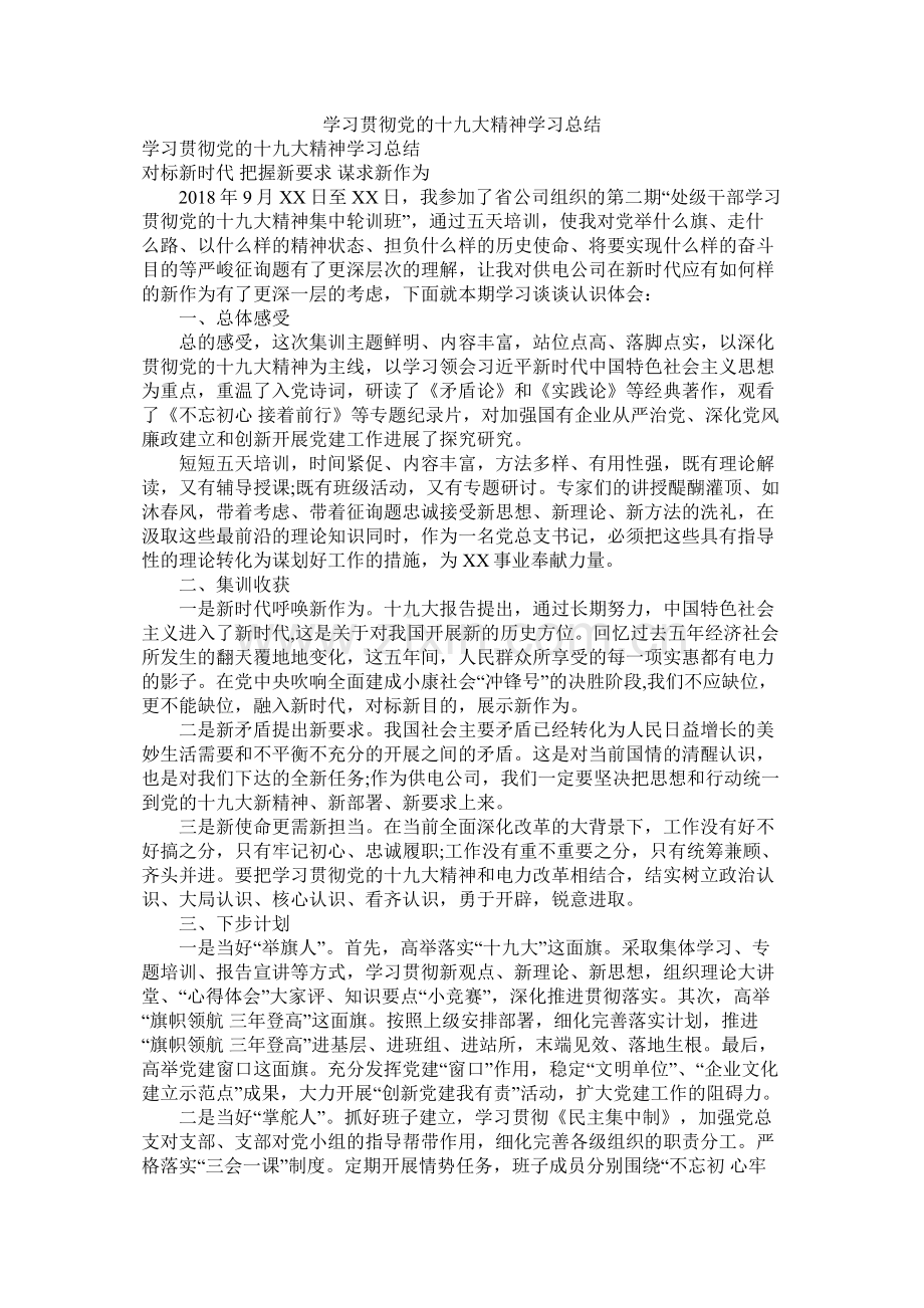 学习贯彻党的十九大精神学习总结参考.docx_第1页