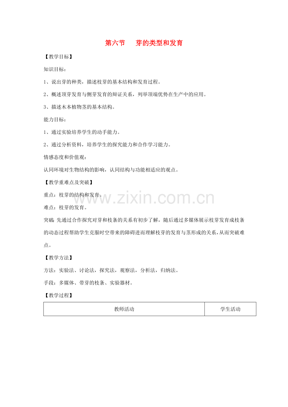 八年级生物上册 4.1.6《芽的类型和发育》教案 （新版）济南版-（新版）济南版初中八年级上册生物教案.doc_第1页