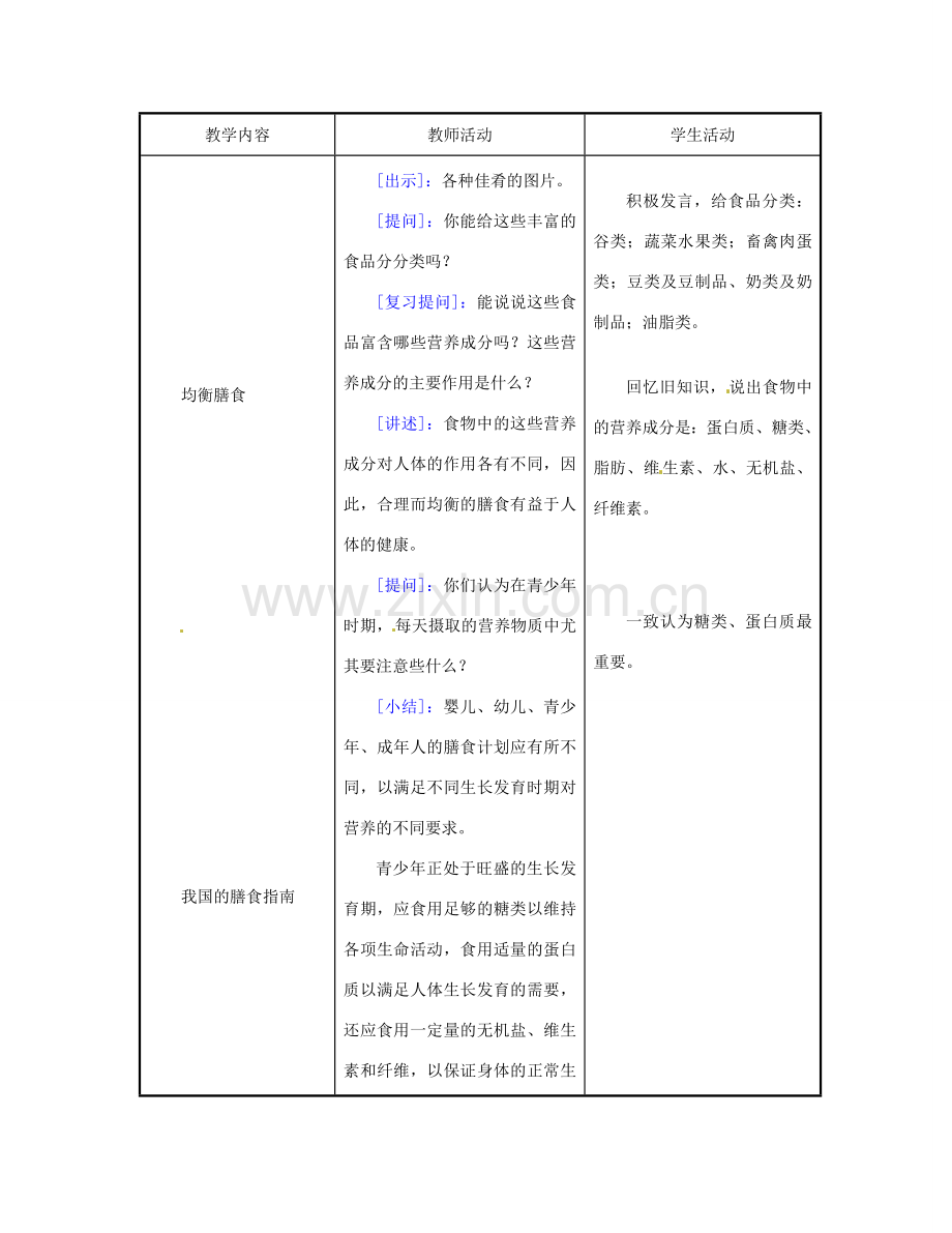 江苏省东台市唐洋镇中学七年级生物下册《9.3 膳食指南与食品安全》教案 苏教版.doc_第2页