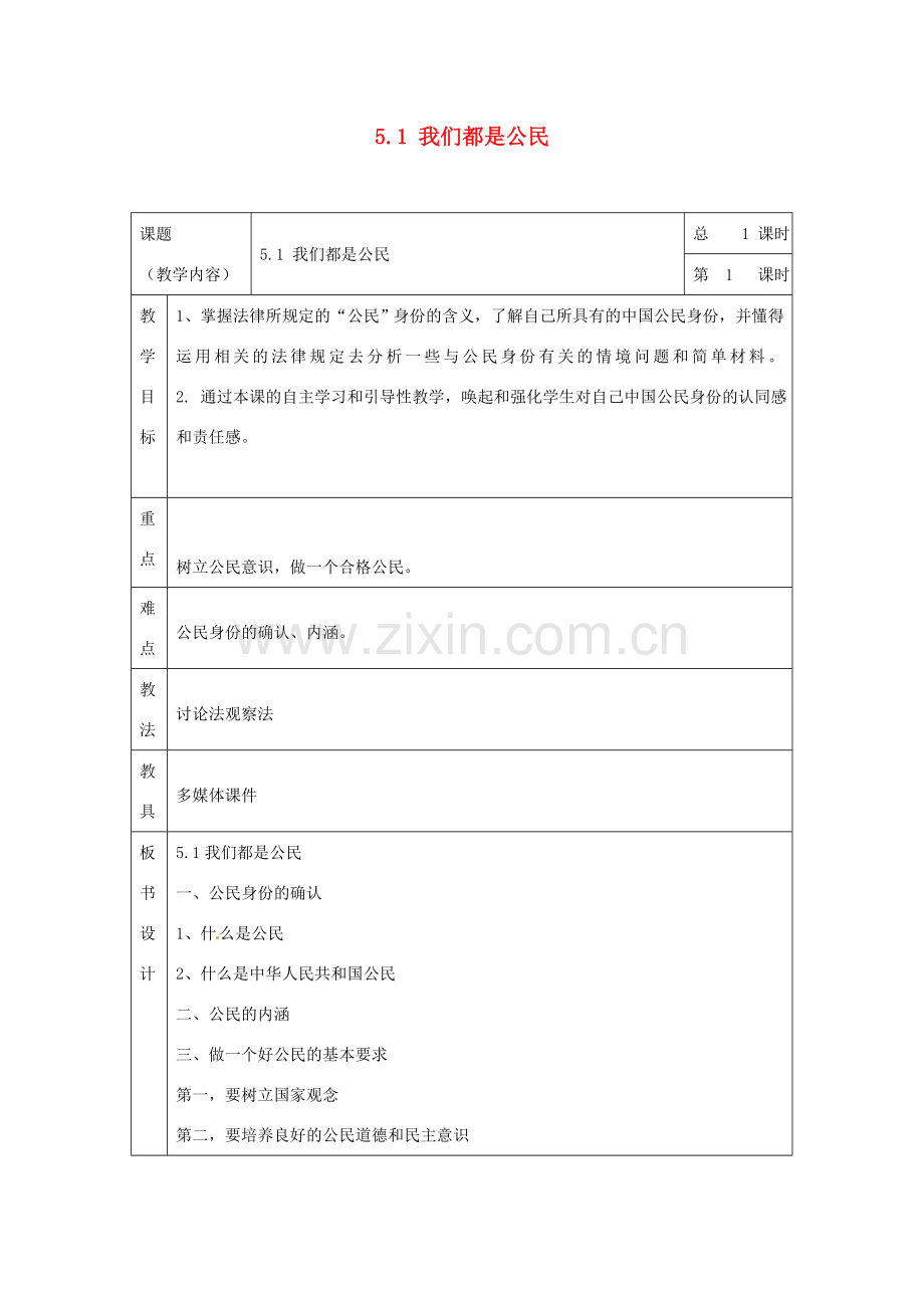 浙江省温州市龙湾区实验中学八年级政治下册 5.1 我们都是公民教案 粤教版.doc_第1页