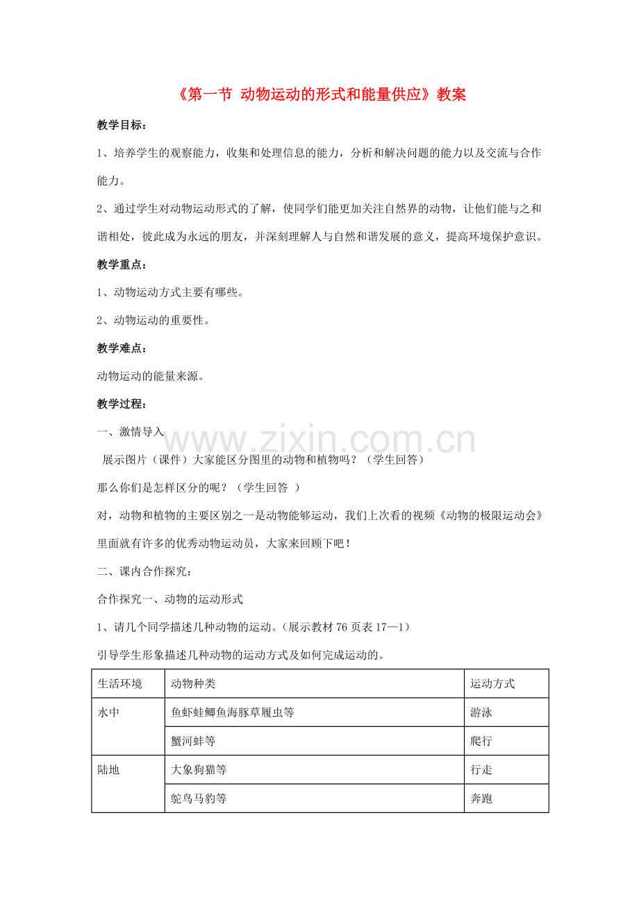八年级生物上册 第六单元 第十七章 第一节 动物运动的形式和能量供应教案 （新版）苏教版-（新版）苏教版初中八年级上册生物教案.doc_第1页