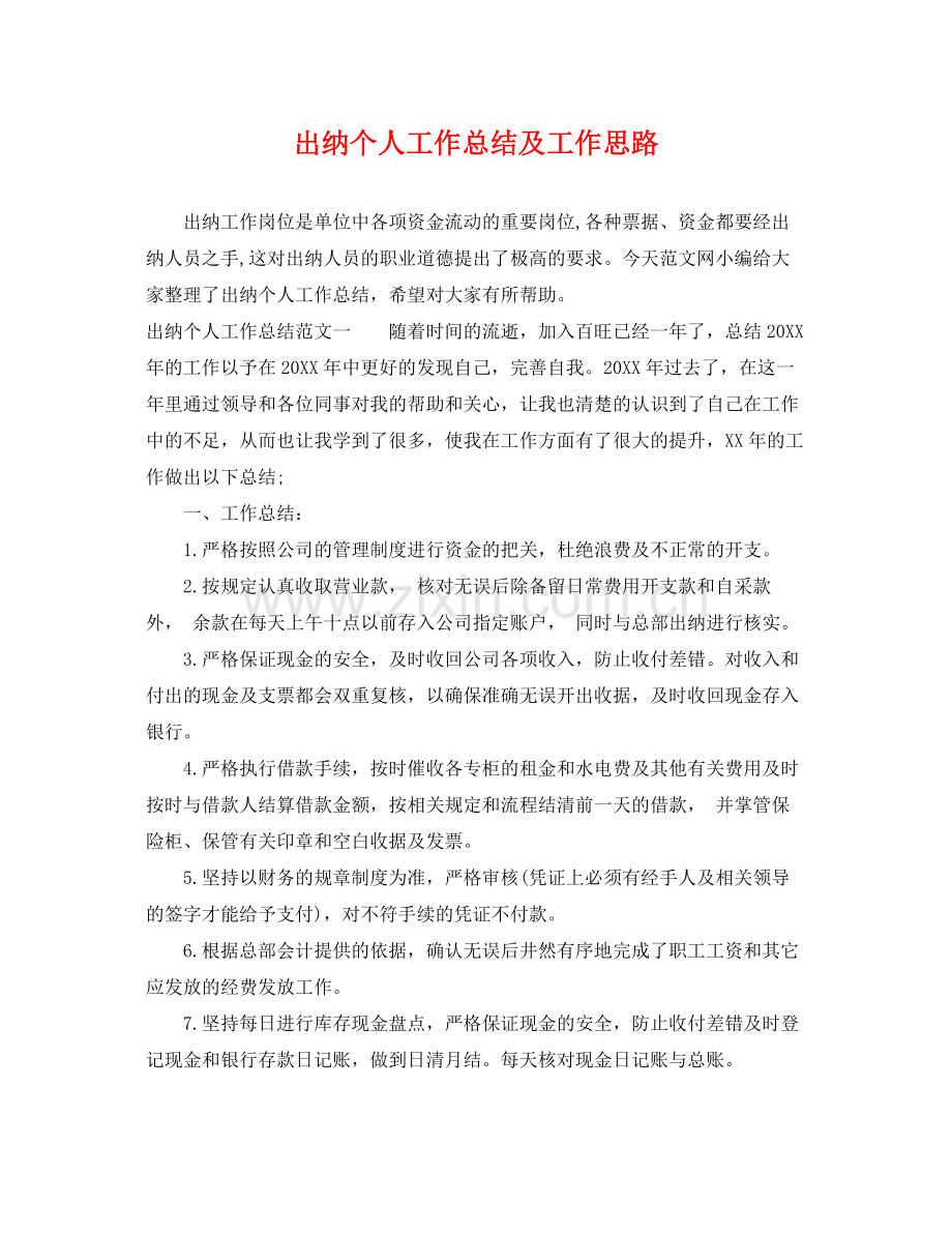 出纳个人工作总结及工作思路 .docx_第1页