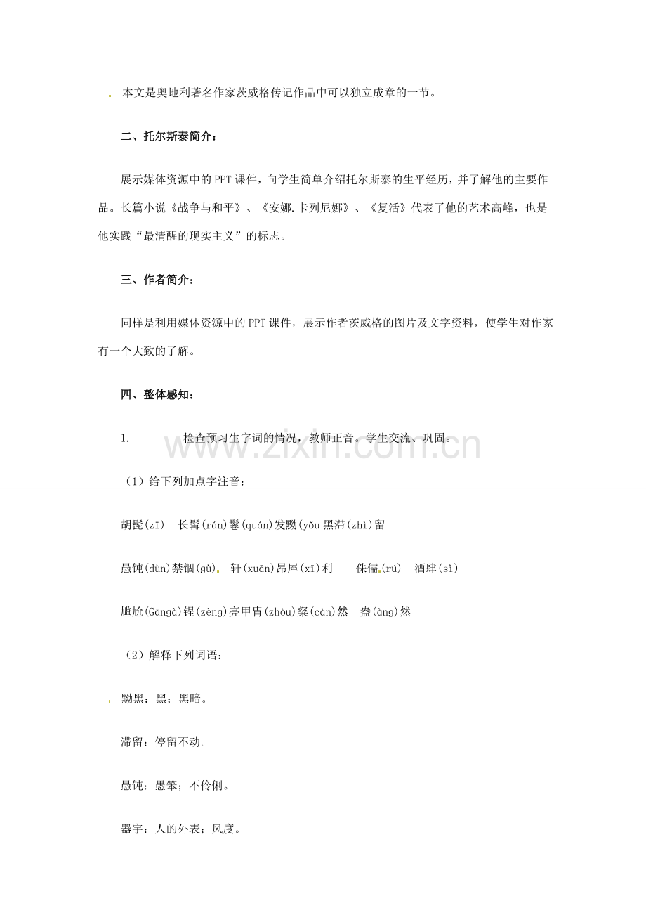河南省濮阳市南乐县张果屯乡中学八年级语文下册《列夫·托尔斯泰》教案 苏教版.doc_第2页