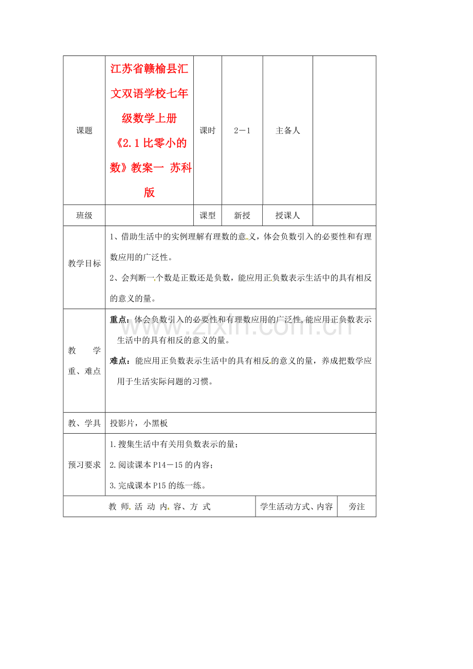 江苏省赣榆县汇文双语学校七年级数学上册《2.1比零小的数》教案一 苏科版.doc_第1页