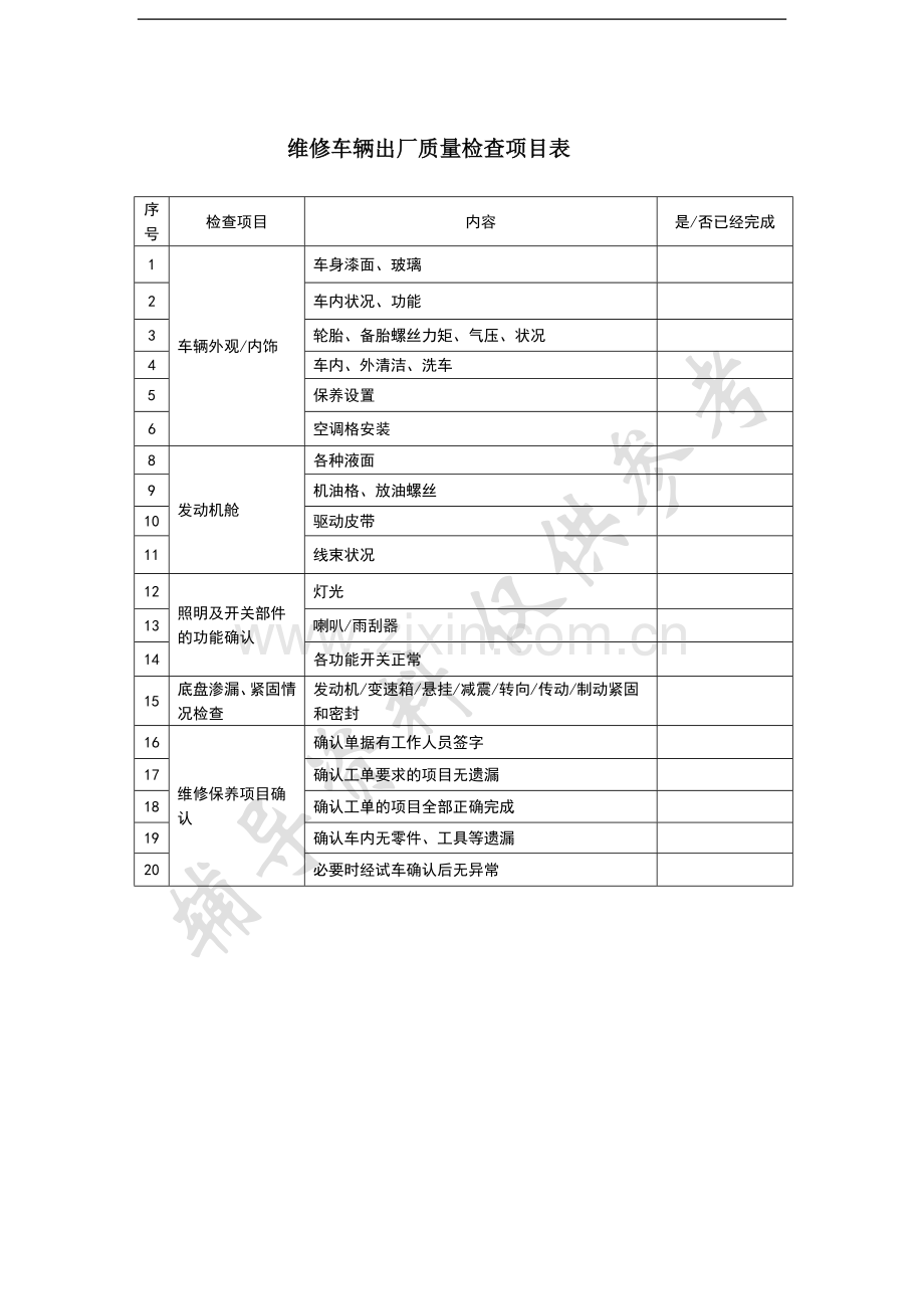 维修车辆质量检查表格.doc_第1页