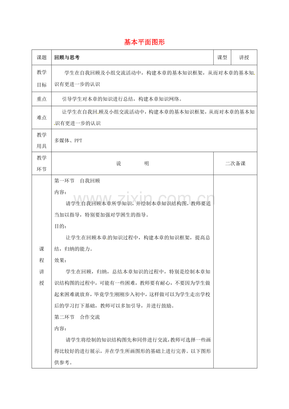 河北省邯郸市肥乡区七年级数学上册 4 基本平面图形回顾与思考教案 （新版）北师大版-（新版）北师大版初中七年级上册数学教案.doc_第1页