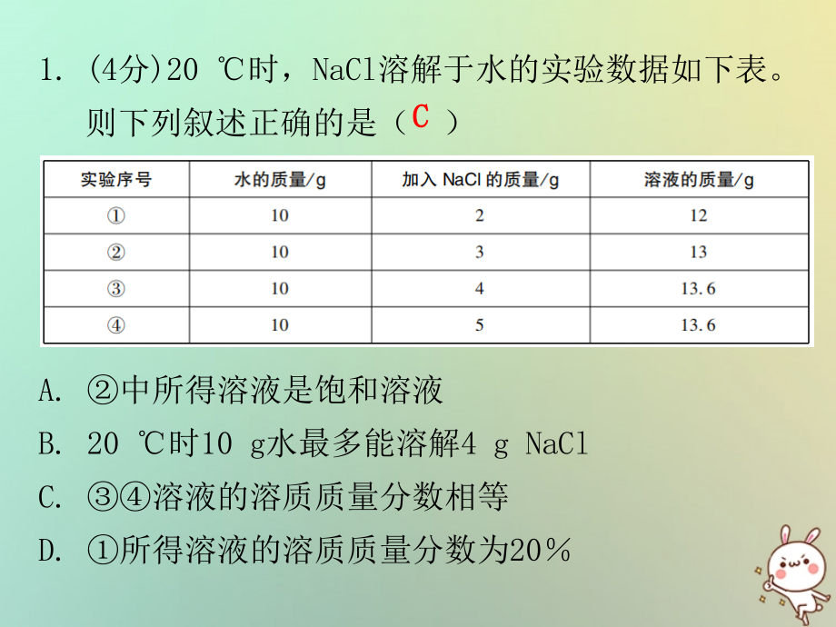 九年级化学下册 第九单元 溶液 课题3 溶解的浓度 课时2 溶质质量分数运用于化学方程式的相关计算(小测本)课件 (新版)新人教版 课件.ppt_第2页