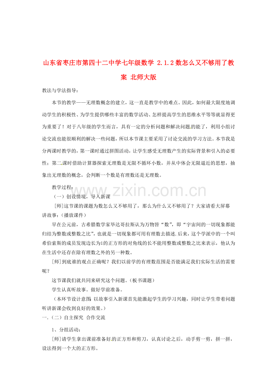 山东省枣庄市第四十二中学七年级数学 2.1.2数怎么又不够用了教案 北师大版.doc_第1页