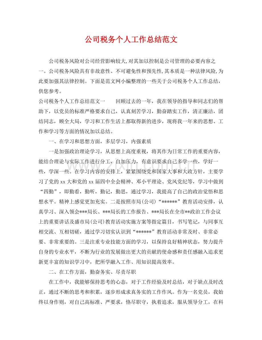 公司税务个人工作总结范文 .docx_第1页