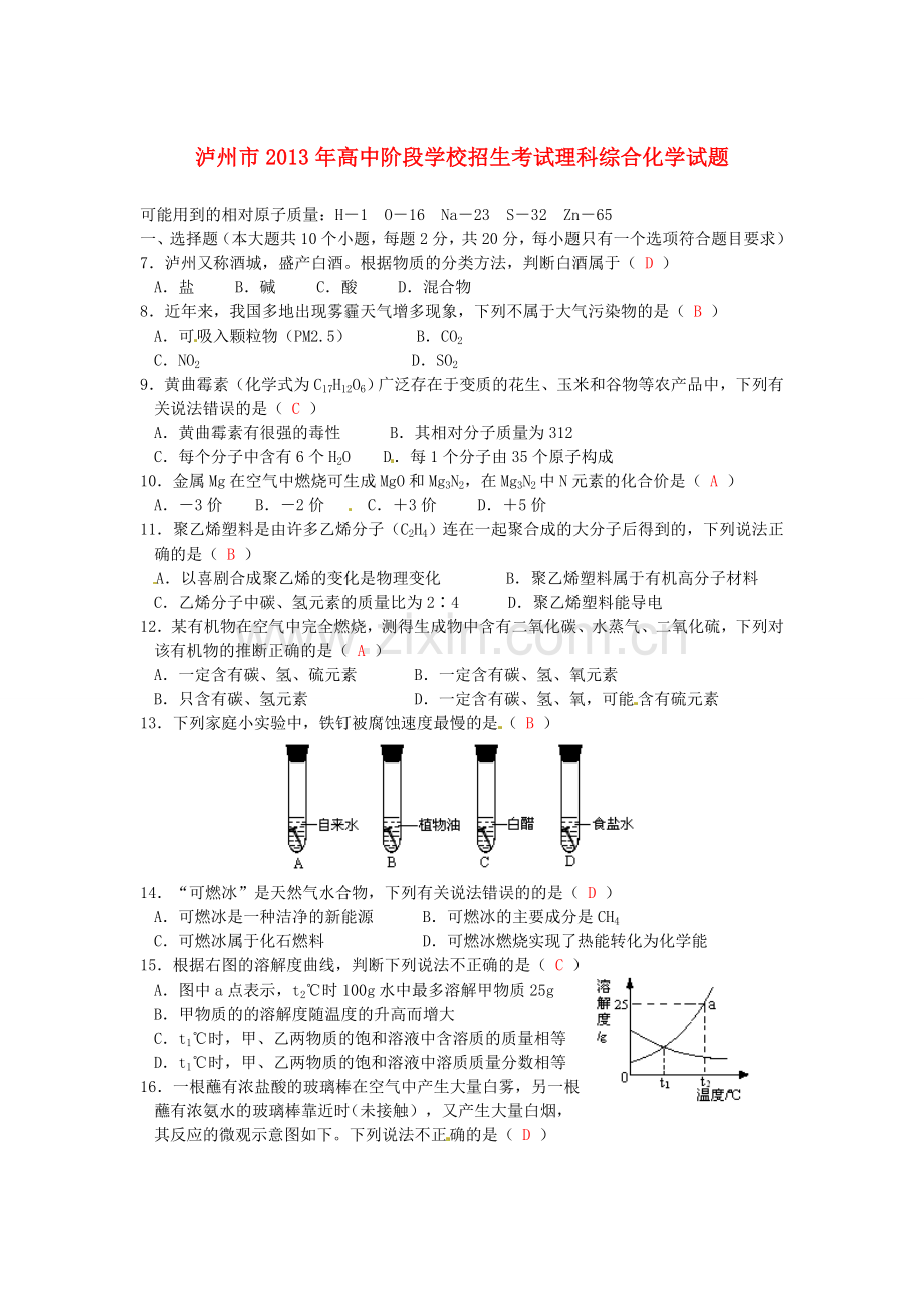 2013年泸州市中考化学试卷及答案.doc_第1页