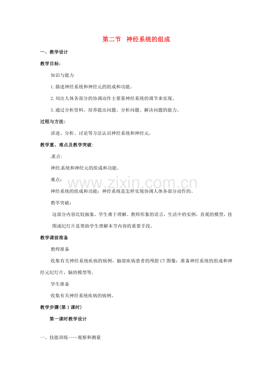 七年级生物下册 6.2《神经系统的组成》教案 新人教版.doc_第1页