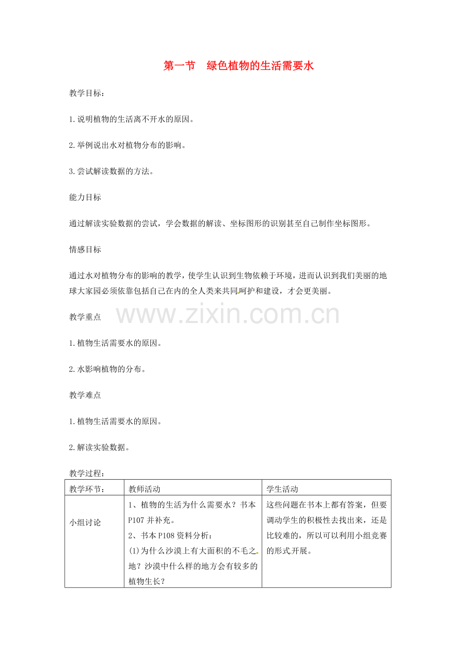 七年级生物上册 3.3.1 绿色植物的生活需要水教案 （新版）新人教版-（新版）新人教版初中七年级上册生物教案.doc_第1页