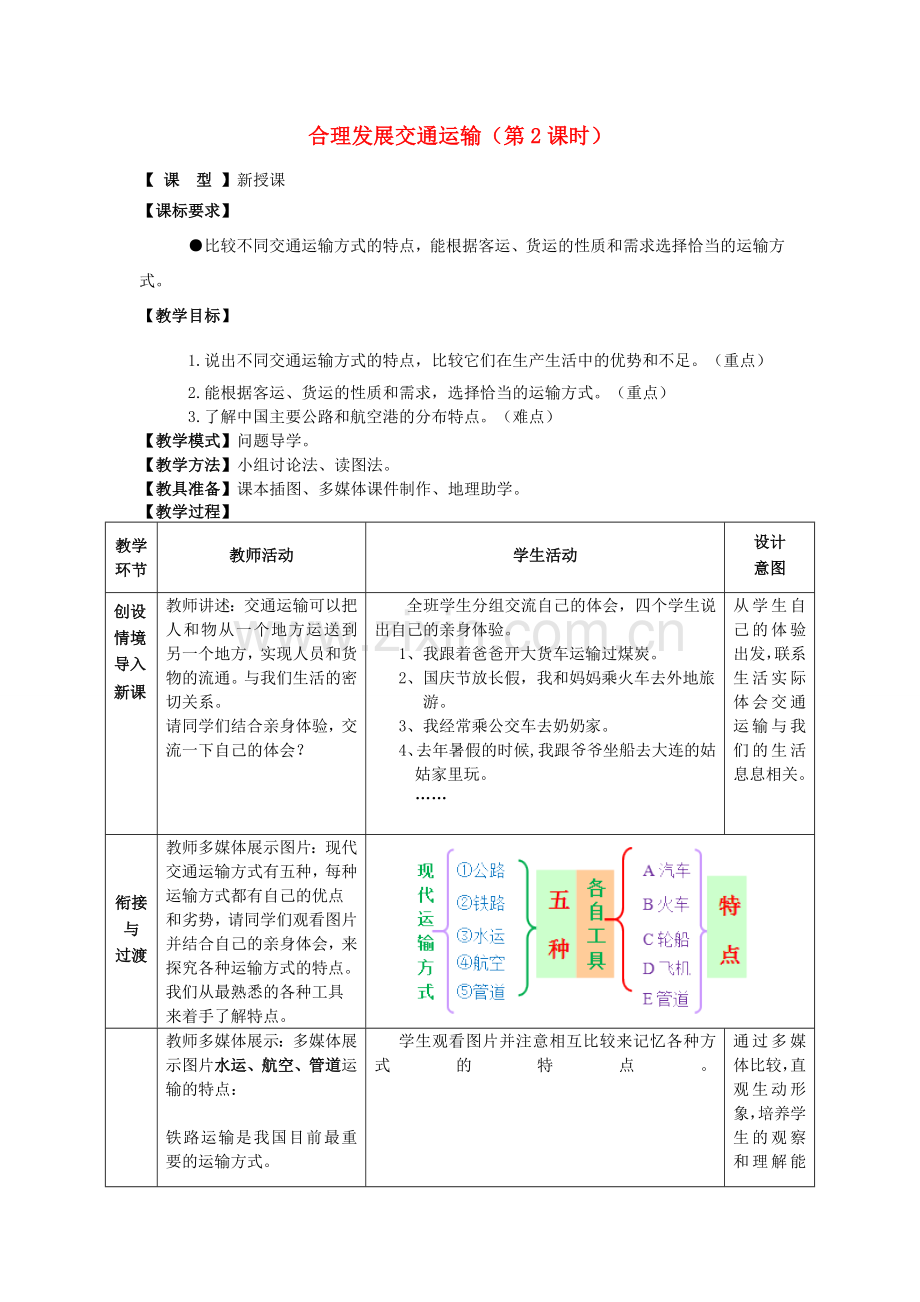 八年级地理上册 4.3合理发展交通运输（第2课时）教案 （新版）商务星球版-（新版）商务星球版初中八年级上册地理教案.doc_第1页