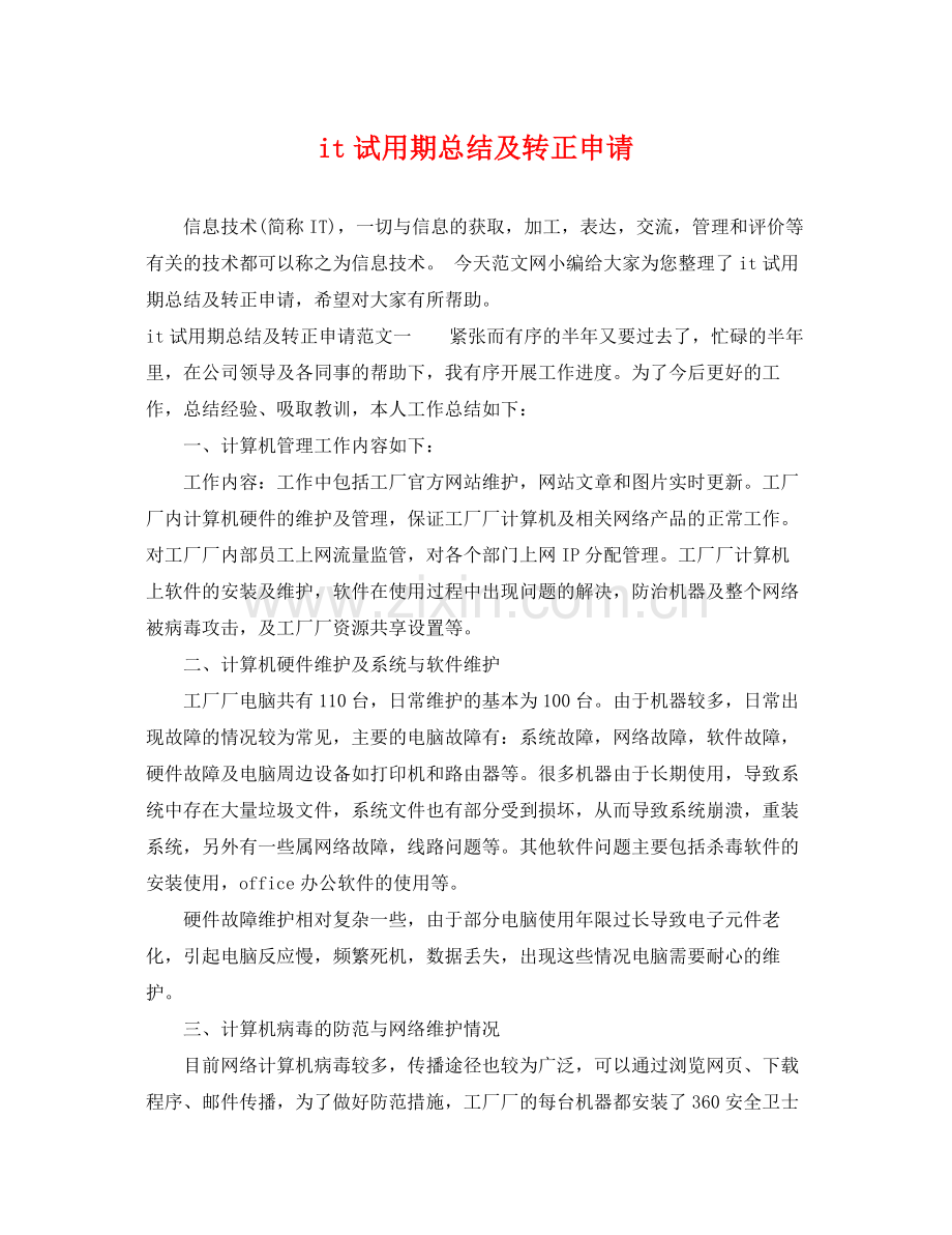 it试用期总结及转正申请 .docx_第1页