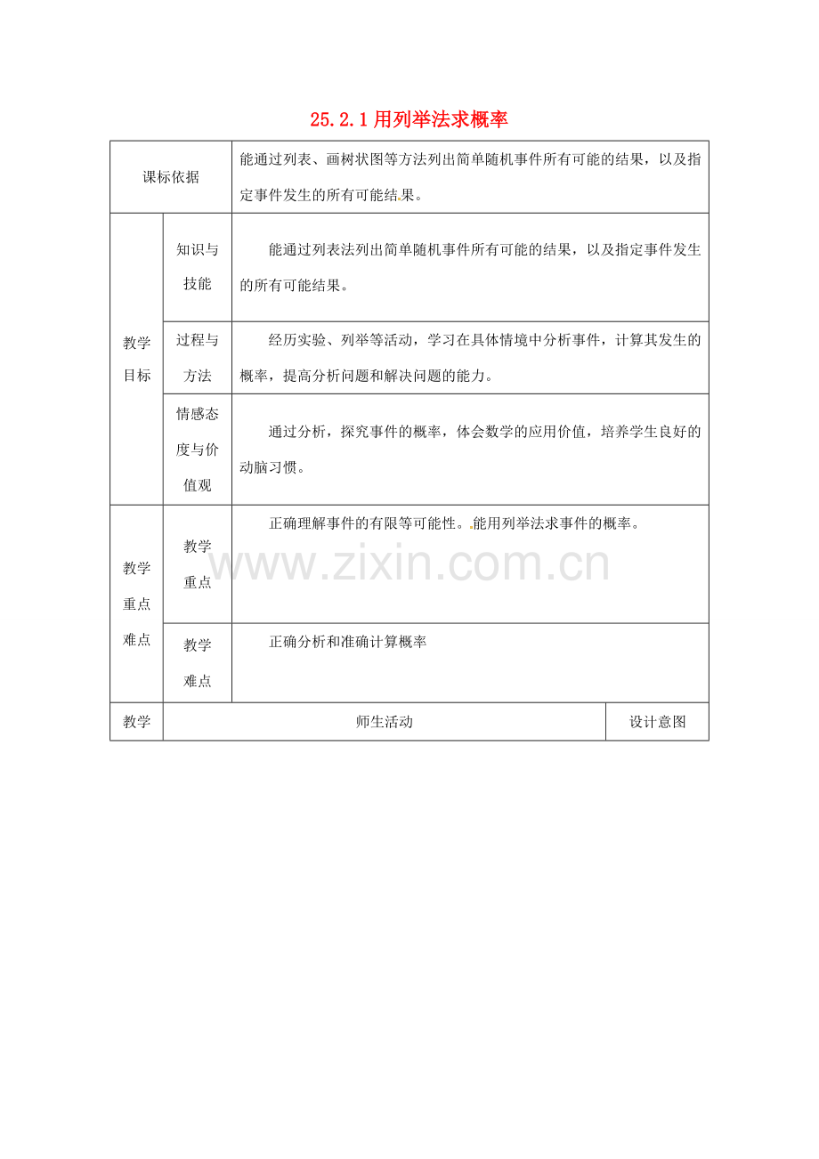 陕西省安康市石泉县池河镇九年级数学上册 25.2 用列举法求概率 25.2.1 用列举法求概率（列表）教案 （新版）新人教版-（新版）新人教版初中九年级上册数学教案.doc_第1页