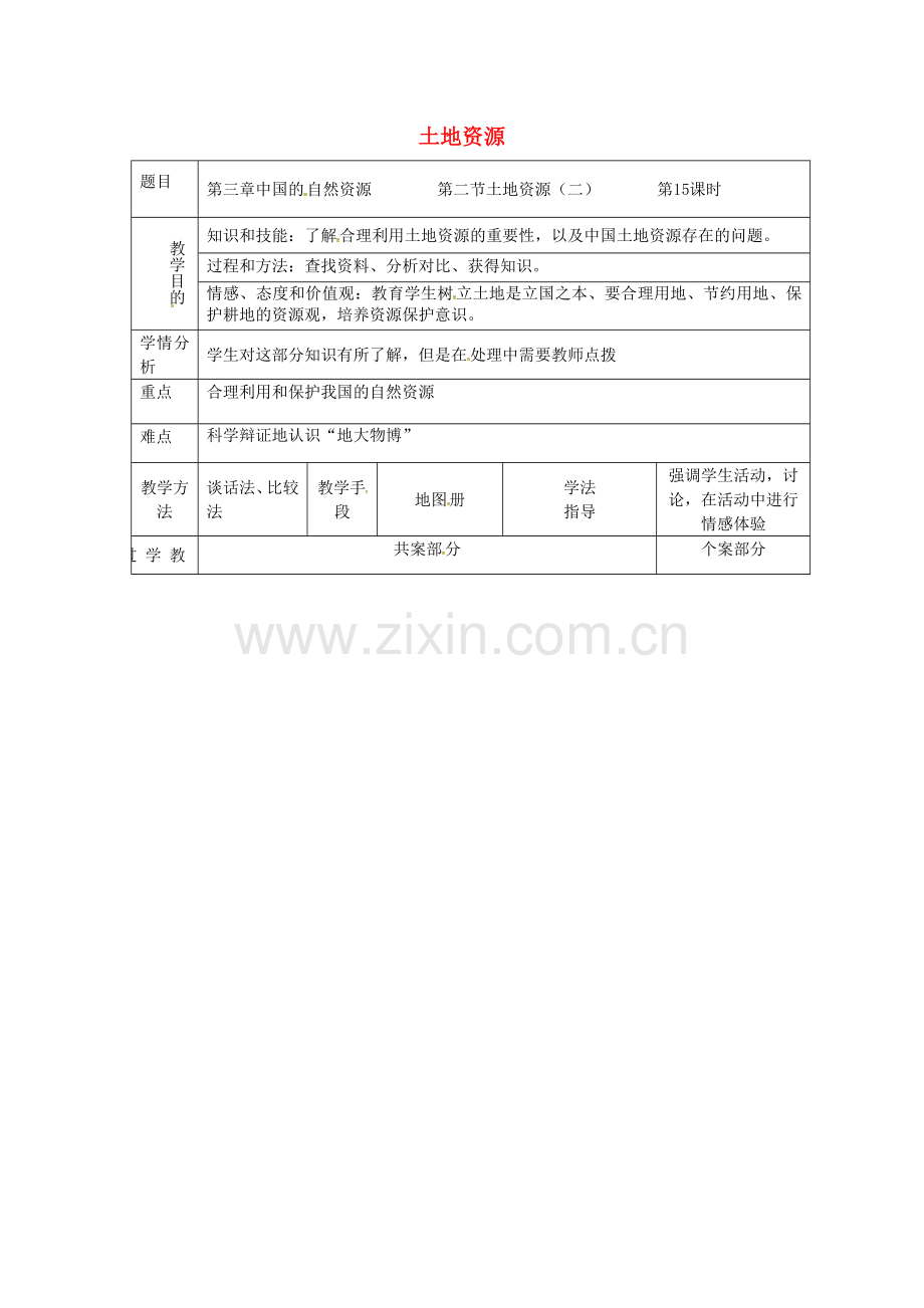 八年级地理上册 3.2 土地资源教案（2） 新人教版-新人教版初中八年级上册地理教案.doc_第1页
