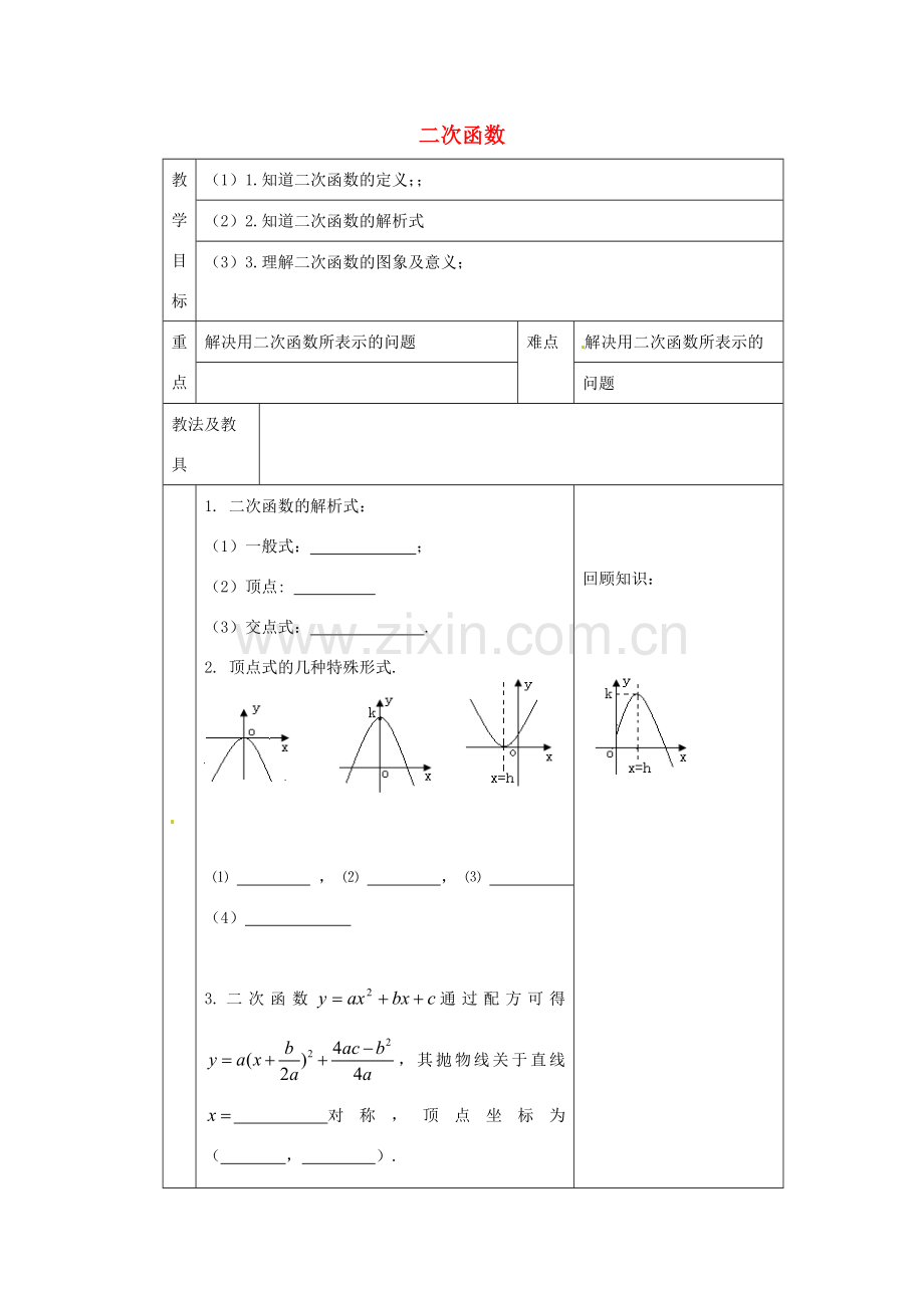 九年级数学下册 第六章 二次函数复习教案 苏科版-苏科版初中九年级下册数学教案.doc_第1页