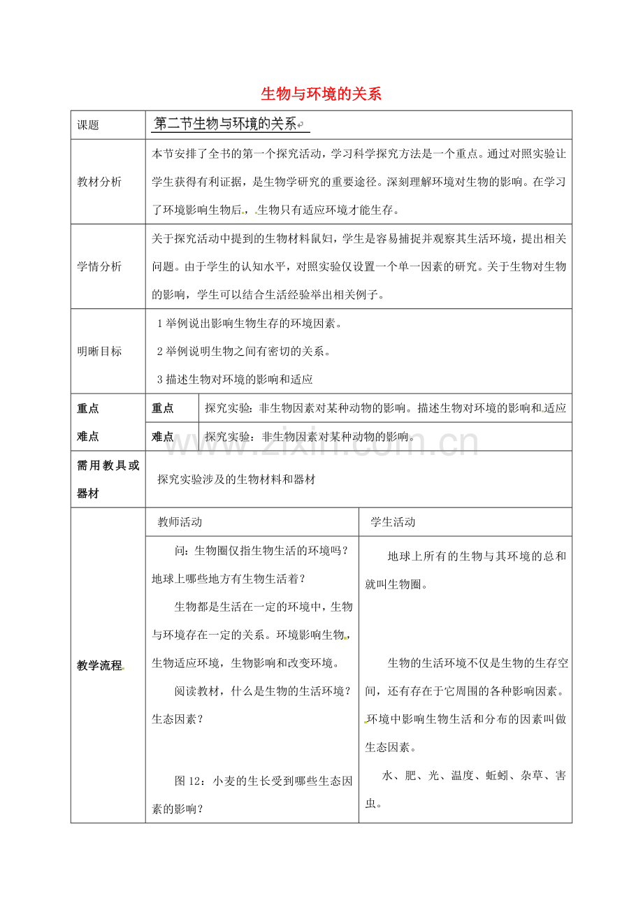 云南省师范大学五华区实验中学七年级生物上册 1.2.1 生物与环境的关系教学设计 （新版）新人教版.doc_第1页