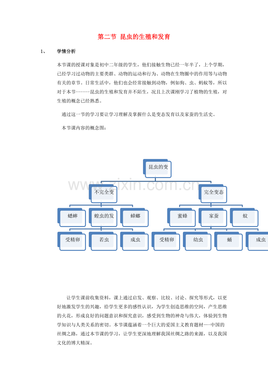 春八年级生物下册 7.1.2 昆虫的生殖和发育教案 （新版）新人教版-（新版）新人教版初中八年级下册生物教案.doc_第1页