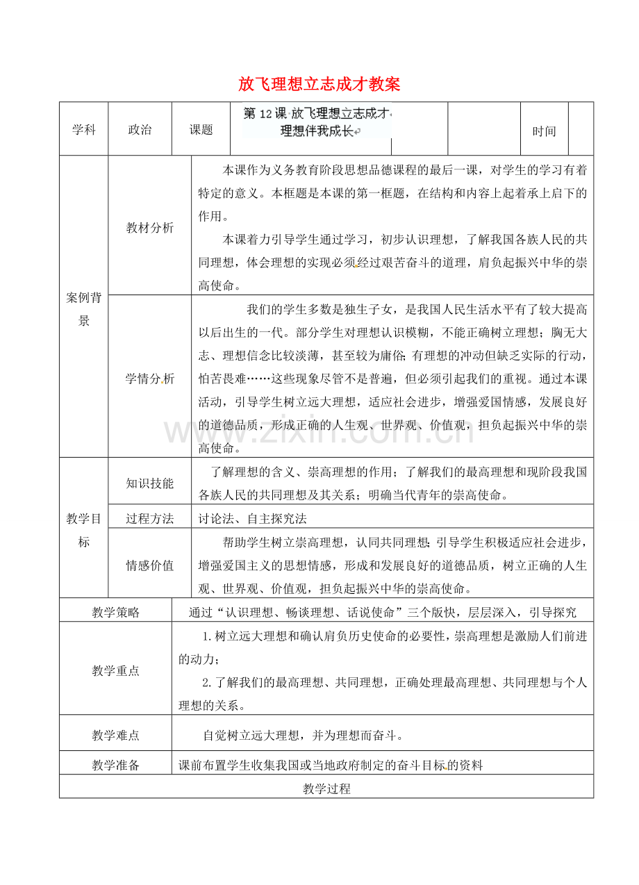 江苏省张家港市第一中学九年级政治全册 放飞理想立志成才教案 新人教版.doc_第1页