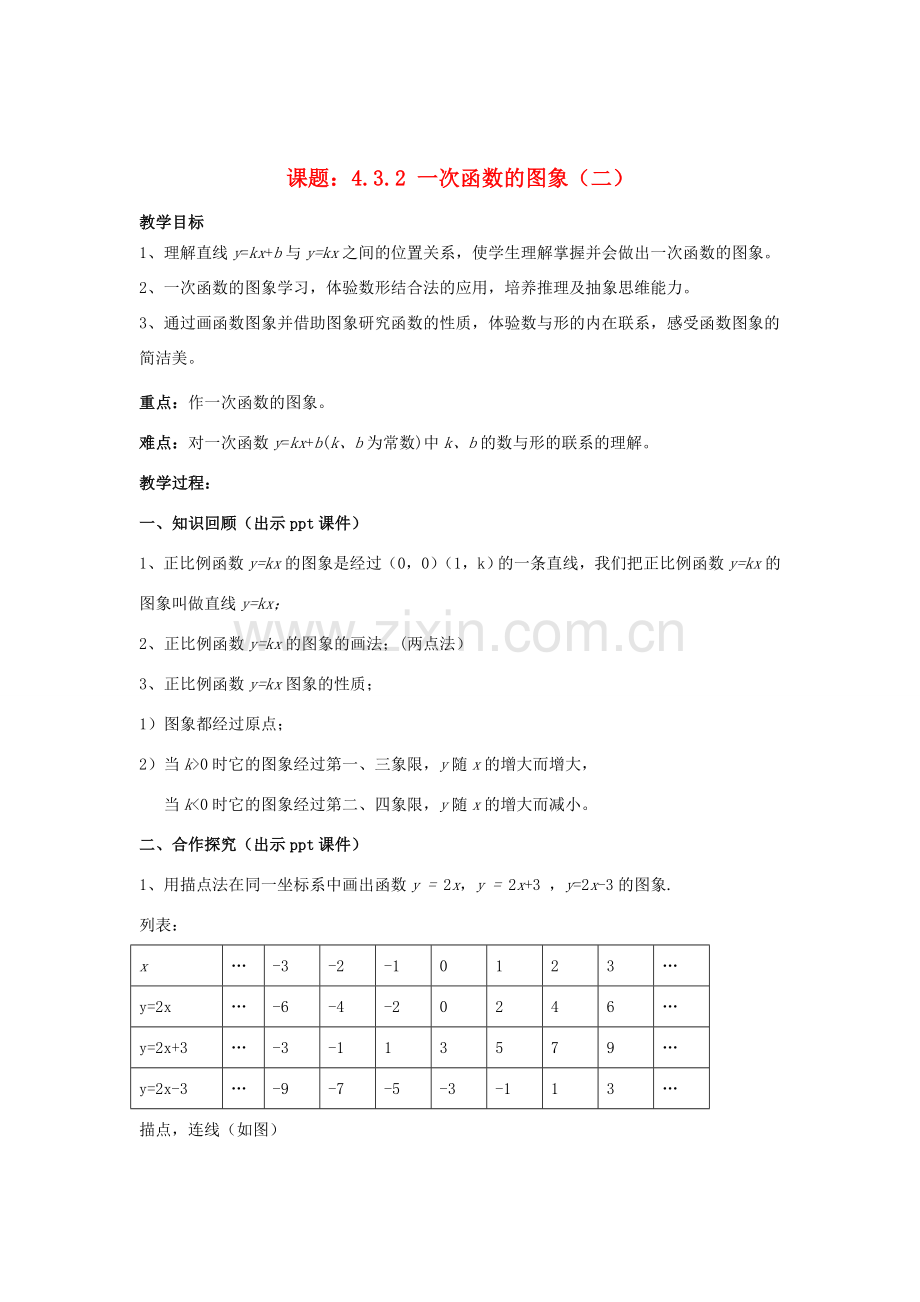 八年级数学下册 4.3.2《一次函数的图象（二）》教案 （新版）湘教版-（新版）湘教版初中八年级下册数学教案.doc_第1页